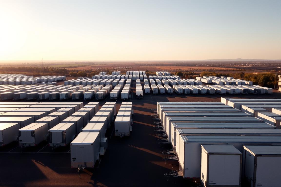 A sprawling expanse of nationwide trailers, meticulously lined up in a neatly organized lot. The trailers, in shades of silver and white, gleam under the warm, golden glow of the afternoon sun, casting long shadows across the asphalt. In the foreground, a towering, state-of-the-art enclosed trailer stands tall, its sleek, aerodynamic design hinting at the exceptional transport capabilities within. The middle ground is dotted with a diverse array of trailer sizes, each one a testament to the company's comprehensive nationwide coverage. In the distance, a hazy horizon suggests the far-reaching corners of the country, where these trailers will travel, delivering vehicles with unwavering care and attention. A sprawling expanse of nationwide trailers, meticulously lined up in a neatly organized lot. The trailers, in shades of silver and white, gleam under the warm, golden glow of the afternoon sun, casting long shadows across the asphalt. In the foreground, a towering, state-of-the-art enclosed trailer stands tall, its sleek, aerodynamic design hinting at the exceptional transport capabilities within. The middle ground is dotted with a diverse array of trailer sizes, each one a testament to the company's comprehensive nationwide coverage. In the distance, a hazy horizon suggests the far-reaching corners of the country, where these trailers will travel, delivering vehicles with unwavering care and attention.