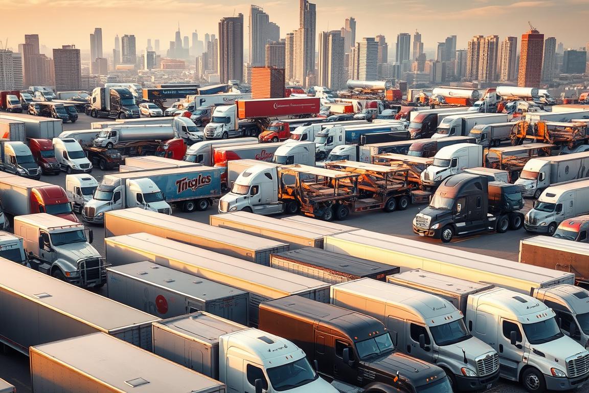 A sprawling scene of various commercial vehicles, showcasing a diverse array of brands and body styles trusted for vehicle transport. In the foreground, a lineup of sleek, well-designed box trucks in muted colors, their smooth lines and aerodynamic profiles suggesting efficiency and reliability. In the middle ground, a mix of heavy-duty semi-trucks and car haulers, their robust frames and powerful engines hinting at the immense capacity to safely transport multiple vehicles. The background is filled with a cityscape, with towering skyscrapers and bustling streets, creating a sense of scale and the commercial importance of these workhorses. The lighting is soft and warm, casting a subtle glow on the vehicles, highlighting their sturdy construction and attention to detail. The overall composition conveys a sense of trust, professionalism, and the integral role these vehicles play in the transportation industry. A sprawling scene of various commercial vehicles, showcasing a diverse array of brands and body styles trusted for vehicle transport. In the foreground, a lineup of sleek, well-designed box trucks in muted colors, their smooth lines and aerodynamic profiles suggesting efficiency and reliability. In the middle ground, a mix of heavy-duty semi-trucks and car haulers, their robust frames and powerful engines hinting at the immense capacity to safely transport multiple vehicles. The background is filled with a cityscape, with towering skyscrapers and bustling streets, creating a sense of scale and the commercial importance of these workhorses. The lighting is soft and warm, casting a subtle glow on the vehicles, highlighting their sturdy construction and attention to detail. The overall composition conveys a sense of trust, professionalism, and the integral role these vehicles play in the transportation industry.