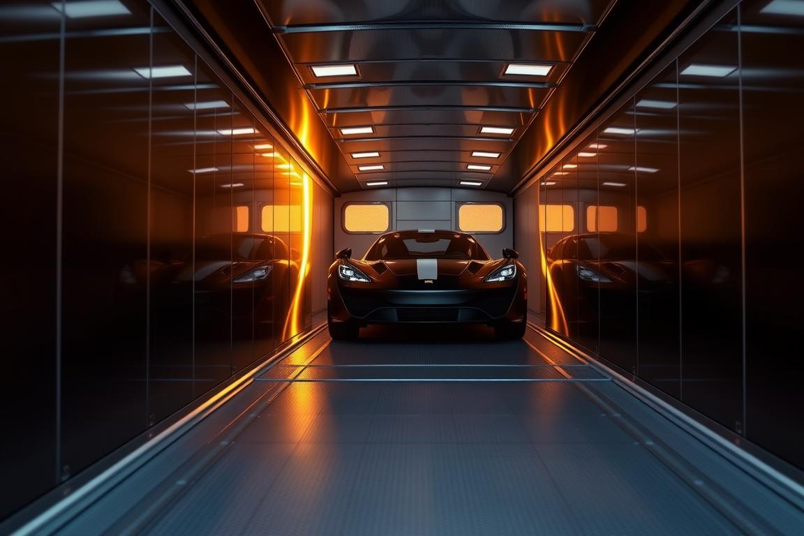 A state-of-the-art enclosed car hauler trailer, meticulously crafted to transport vehicles with the utmost care and precision. The sleek, aerodynamic exterior is bathed in a warm, golden light, casting a soft glow on the smooth, reflective surface. The trailer's spacious interior is visible through the tinted, tempered glass windows, revealing the secure and climate-controlled environment designed to protect the precious cargo within. The scene is captured from a low angle, emphasizing the trailer's imposing presence and the sense of professionalism and attention to detail that this service offers. A state-of-the-art enclosed car hauler trailer, meticulously crafted to transport vehicles with the utmost care and precision. The sleek, aerodynamic exterior is bathed in a warm, golden light, casting a soft glow on the smooth, reflective surface. The trailer's spacious interior is visible through the tinted, tempered glass windows, revealing the secure and climate-controlled environment designed to protect the precious cargo within. The scene is captured from a low angle, emphasizing the trailer's imposing presence and the sense of professionalism and attention to detail that this service offers.