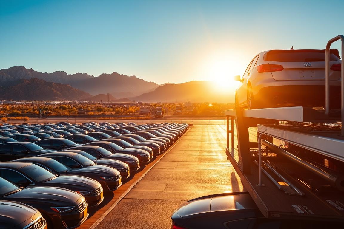 A sun-drenched auto transport terminal in El Paso, Texas. Rows of gleaming cars await their journey, their chrome and paint reflecting the azure sky. In the foreground, a large car carrier truck, its hydraulic ramps extended, loads a shiny sedan with precision. Surrounding the scene, rugged desert mountains rise in the distance, their jagged peaks silhouetted against the horizon. Warm, golden lighting filters through the scene, casting long shadows and imbuing the whole with a sense of warmth and dynamism. The atmosphere conveys the efficiency and professionalism of an auto transport operation serving the vibrant community of El Paso. A sun-drenched auto transport terminal in El Paso, Texas. Rows of gleaming cars await their journey, their chrome and paint reflecting the azure sky. In the foreground, a large car carrier truck, its hydraulic ramps extended, loads a shiny sedan with precision. Surrounding the scene, rugged desert mountains rise in the distance, their jagged peaks silhouetted against the horizon. Warm, golden lighting filters through the scene, casting long shadows and imbuing the whole with a sense of warmth and dynamism. The atmosphere conveys the efficiency and professionalism of an auto transport operation serving the vibrant community of El Paso.