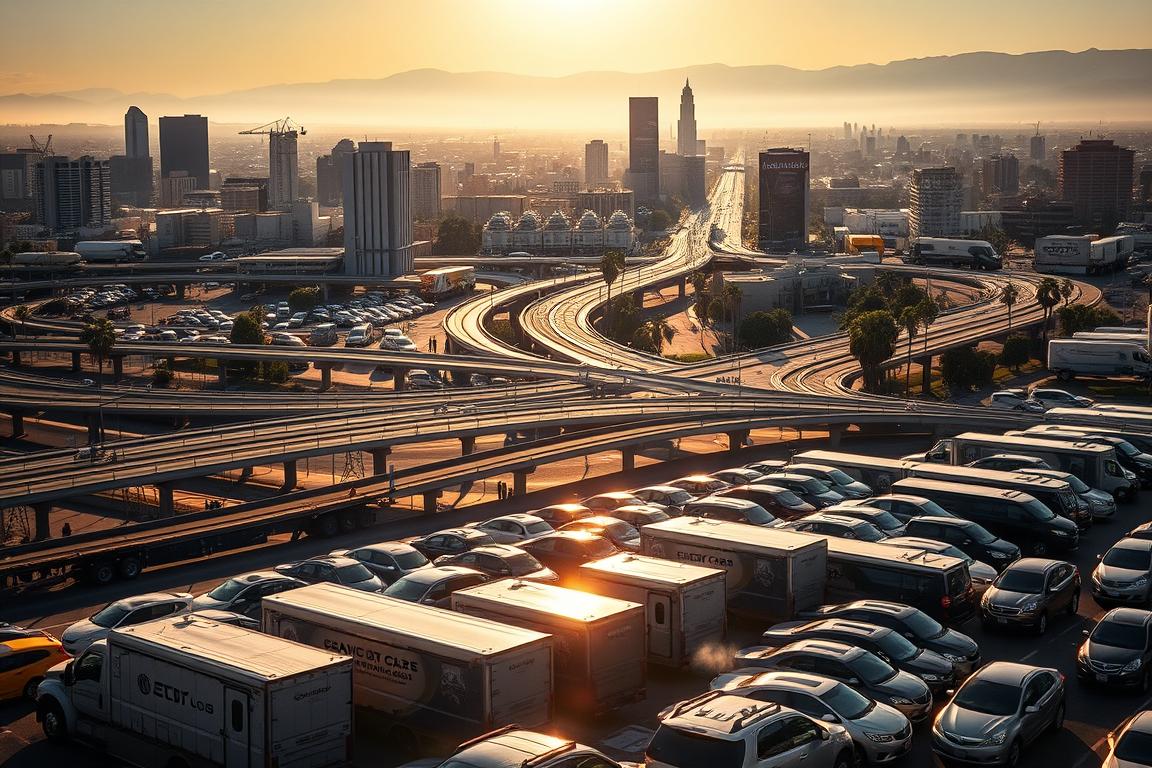 A sun-drenched urban landscape with a bustling auto transport hub in the foreground. In the center, a fleet of glossy, well-maintained car carriers wait to ferry vehicles across the city. Surrounding them, a web of elevated highways, towering skyscrapers, and the distant silhouettes of the San Gabriel Mountains create a dynamic backdrop. The scene is bathed in warm, golden light, conveying a sense of efficiency and reliability within the thriving Los Angeles auto transport industry. The camera angle is slightly elevated, allowing the viewer to take in the full scope of the operation. The overall mood is one of dynamic, well-organized commercial activity. A sun-drenched urban landscape with a bustling auto transport hub in the foreground. In the center, a fleet of glossy, well-maintained car carriers wait to ferry vehicles across the city. Surrounding them, a web of elevated highways, towering skyscrapers, and the distant silhouettes of the San Gabriel Mountains create a dynamic backdrop. The scene is bathed in warm, golden light, conveying a sense of efficiency and reliability within the thriving Los Angeles auto transport industry. The camera angle is slightly elevated, allowing the viewer to take in the full scope of the operation. The overall mood is one of dynamic, well-organized commercial activity.