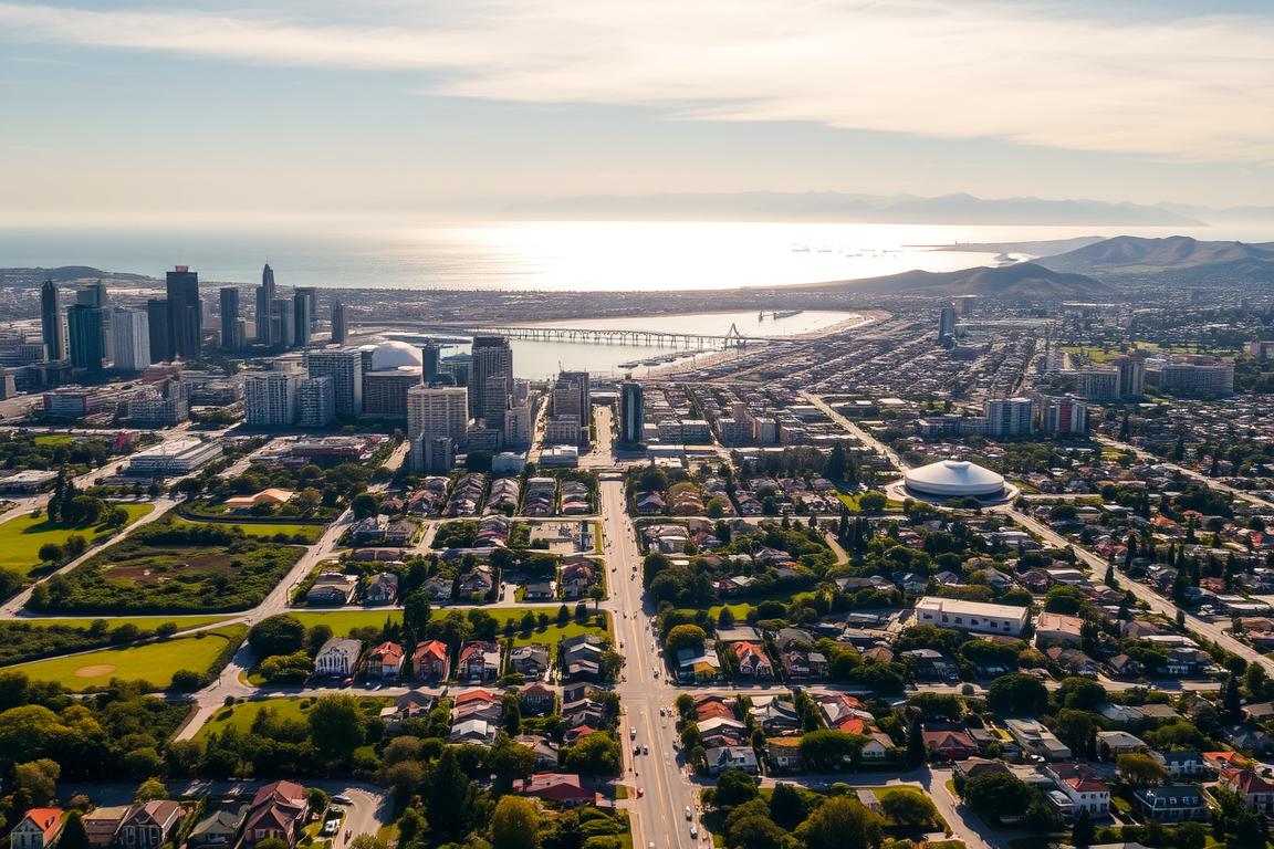 A sweeping aerial view of Long Beach, California, showcasing its diverse neighborhoods and surrounding Southern California landscape. The frame captures the bustling city skyline, with towering high-rises and iconic landmarks like the Queen Mary ship in the distance. The foreground features a patchwork of residential areas, punctuated by verdant parks and tree-lined streets. In the middle ground, the iconic Long Beach Pier extends out into the sparkling Pacific Ocean, while in the background, rolling hills and mountains create a breathtaking natural backdrop. Warm, golden sunlight bathes the scene, evoking a sense of vibrant energy and coastal tranquility. The overall composition conveys the comprehensive coverage and interconnectedness of Long Beach's neighborhoods and the broader Southern California region. A sweeping aerial view of Long Beach, California, showcasing its diverse neighborhoods and surrounding Southern California landscape. The frame captures the bustling city skyline, with towering high-rises and iconic landmarks like the Queen Mary ship in the distance. The foreground features a patchwork of residential areas, punctuated by verdant parks and tree-lined streets. In the middle ground, the iconic Long Beach Pier extends out into the sparkling Pacific Ocean, while in the background, rolling hills and mountains create a breathtaking natural backdrop. Warm, golden sunlight bathes the scene, evoking a sense of vibrant energy and coastal tranquility. The overall composition conveys the comprehensive coverage and interconnectedness of Long Beach's neighborhoods and the broader Southern California region.