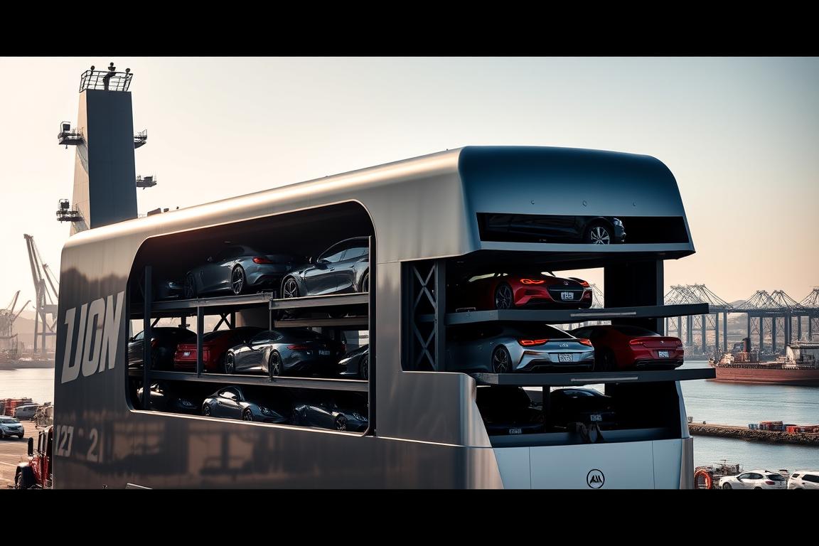 A towering, enclosed car transport carrier dominates the frame, its sleek, metallic body reflecting the warm California sunlight. The cargo deck is loaded with a diverse array of luxury and classic vehicles, each meticulously secured for safe transport. In the background, the bustling Long Beach harbor provides a dynamic, industrial backdrop, with cranes and cargo ships setting the scene. The lighting is soft and directional, casting dramatic shadows and highlighting the intricate details of the specialized shipping rig. The overall mood is one of efficiency, care, and the celebration of automotive excellence, perfectly capturing the essence of "Specialized shipping: luxury, classic, and inoperable vehicles". A towering, enclosed car transport carrier dominates the frame, its sleek, metallic body reflecting the warm California sunlight. The cargo deck is loaded with a diverse array of luxury and classic vehicles, each meticulously secured for safe transport. In the background, the bustling Long Beach harbor provides a dynamic, industrial backdrop, with cranes and cargo ships setting the scene. The lighting is soft and directional, casting dramatic shadows and highlighting the intricate details of the specialized shipping rig. The overall mood is one of efficiency, care, and the celebration of automotive excellence, perfectly capturing the essence of "Specialized shipping: luxury, classic, and inoperable vehicles".