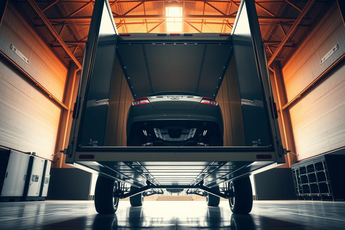 A towering, enclosed car transport trailer stands in a well-lit, industrial setting. The trailer's sleek, metallic frame dominates the foreground, its height emphasized by a low, dynamic camera angle. The trailer's interior is visible through the open rear doors, showcasing the ample vertical space for transporting vehicles. In the middle ground, the trailer's sturdy chassis and suspension system are clearly visible, hinting at its robust construction and ability to handle heavy loads. The background features a clean, minimalist warehouse or storage facility, allowing the trailer's design and proportions to be the primary focus. Warm, directional lighting casts dramatic shadows, accentuating the trailer's dimensional qualities and conveying a sense of power and precision. A towering, enclosed car transport trailer stands in a well-lit, industrial setting. The trailer's sleek, metallic frame dominates the foreground, its height emphasized by a low, dynamic camera angle. The trailer's interior is visible through the open rear doors, showcasing the ample vertical space for transporting vehicles. In the middle ground, the trailer's sturdy chassis and suspension system are clearly visible, hinting at its robust construction and ability to handle heavy loads. The background features a clean, minimalist warehouse or storage facility, allowing the trailer's design and proportions to be the primary focus. Warm, directional lighting casts dramatic shadows, accentuating the trailer's dimensional qualities and conveying a sense of power and precision.