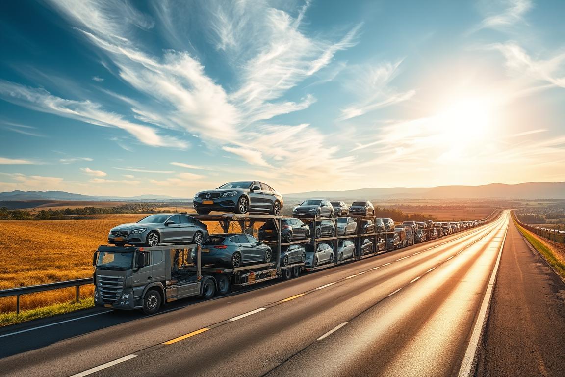 A vast highway stretches out, dotted with cars neatly stacked and secured on specialized car carriers. Sunlight streams through wispy clouds, casting a warm, golden glow over the scene. In the foreground, a transport truck stands ready, its trailer loaded with gleaming automobiles awaiting delivery. The midground features a diverse array of vehicles, ranging from compact sedans to imposing SUVs, all carefully positioned to maximize space. In the distance, the horizon is lined with rolling hills and lush greenery, creating a serene backdrop for this efficient, well-orchestrated car shipping operation. The overall atmosphere conveys a sense of precision, reliability, and timely transportation. A vast highway stretches out, dotted with cars neatly stacked and secured on specialized car carriers. Sunlight streams through wispy clouds, casting a warm, golden glow over the scene. In the foreground, a transport truck stands ready, its trailer loaded with gleaming automobiles awaiting delivery. The midground features a diverse array of vehicles, ranging from compact sedans to imposing SUVs, all carefully positioned to maximize space. In the distance, the horizon is lined with rolling hills and lush greenery, creating a serene backdrop for this efficient, well-orchestrated car shipping operation. The overall atmosphere conveys a sense of precision, reliability, and timely transportation.