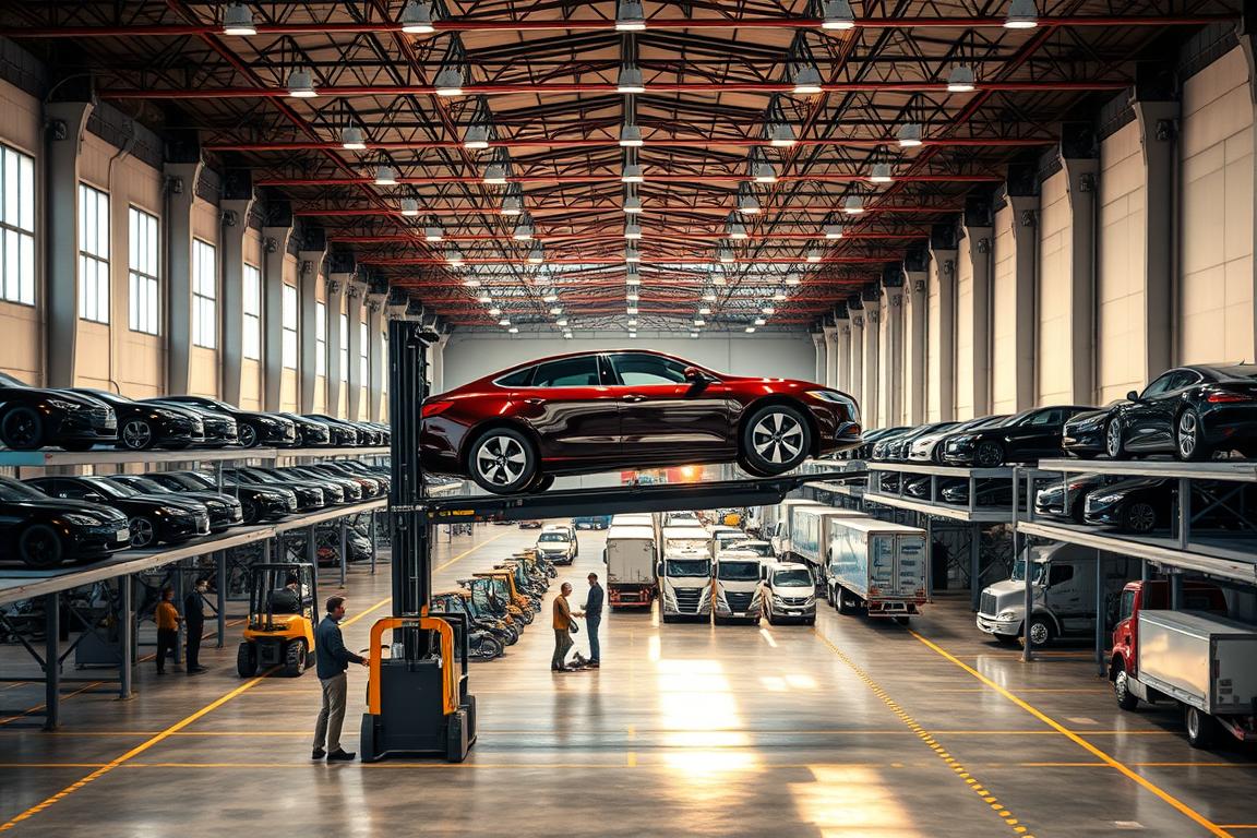 A vast, modern warehouse with rows of gleaming cars on elevated platforms, meticulously organized for efficient auto transport. In the foreground, a team of skilled workers carefully secures a vehicle onto a specialized trailer, its glossy exterior reflecting the warm, natural lighting filtering through the large windows. In the middle ground, forklifts and cranes move with precision, loading and unloading cars with the utmost care. In the background, the bustling activity of the shipping yard is visible, with trucks and trailers lining up to be loaded. The scene conveys a sense of professionalism, attention to detail, and the seamless coordination of the three-step auto shipping process. A vast, modern warehouse with rows of gleaming cars on elevated platforms, meticulously organized for efficient auto transport. In the foreground, a team of skilled workers carefully secures a vehicle onto a specialized trailer, its glossy exterior reflecting the warm, natural lighting filtering through the large windows. In the middle ground, forklifts and cranes move with precision, loading and unloading cars with the utmost care. In the background, the bustling activity of the shipping yard is visible, with trucks and trailers lining up to be loaded. The scene conveys a sense of professionalism, attention to detail, and the seamless coordination of the three-step auto shipping process.