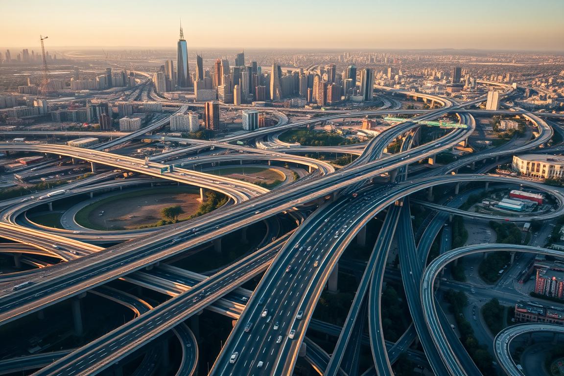 A vast network of interconnected highways, bridges, and tunnels stretching across a sprawling cityscape. Gleaming skyscrapers and bustling intersections in the background, with a focus on the intricate web of roads and transportation arteries in the foreground. Warm, golden lighting casts a soft glow, highlighting the seamless flow of vehicles and the intricate infrastructure that supports the movement of goods and people. Shot from an elevated perspective, the image conveys a sense of scale, efficiency, and the collaborative efforts that enable a thriving nationwide transportation network. A vast network of interconnected highways, bridges, and tunnels stretching across a sprawling cityscape. Gleaming skyscrapers and bustling intersections in the background, with a focus on the intricate web of roads and transportation arteries in the foreground. Warm, golden lighting casts a soft glow, highlighting the seamless flow of vehicles and the intricate infrastructure that supports the movement of goods and people. Shot from an elevated perspective, the image conveys a sense of scale, efficiency, and the collaborative efforts that enable a thriving nationwide transportation network.