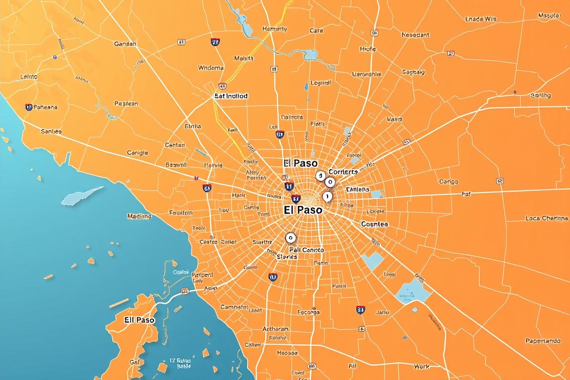 A vibrant, detailed map of the El Paso metropolitan area, showcasing the comprehensive service coverage for auto transport services. The map features a precise delineation of the key neighborhoods, major roads, and landmarks, rendered in a clean, modern cartographic style. Subtle shading and gradient effects create depth and a sense of three-dimensionality, while a warm, inviting color palette evokes the sunny, Southwest landscape. Precise icons and symbols denote the locations of the company's pickup and delivery points, strategically positioned to provide seamless coverage across the region. The map is presented with a high level of technical precision, capturing the professionalism and attention to detail of the auto transport service. A vibrant, detailed map of the El Paso metropolitan area, showcasing the comprehensive service coverage for auto transport services. The map features a precise delineation of the key neighborhoods, major roads, and landmarks, rendered in a clean, modern cartographic style. Subtle shading and gradient effects create depth and a sense of three-dimensionality, while a warm, inviting color palette evokes the sunny, Southwest landscape. Precise icons and symbols denote the locations of the company's pickup and delivery points, strategically positioned to provide seamless coverage across the region. The map is presented with a high level of technical precision, capturing the professionalism and attention to detail of the auto transport service.