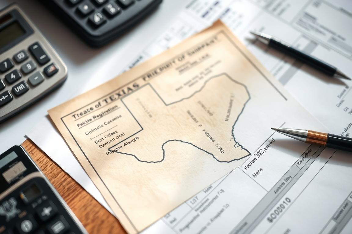 A weathered, tan-colored Texas vehicle registration document lies on a table, surrounded by automotive shipping paperwork, a pen, and a calculator. The lighting is soft and natural, with a slight vignette effect to draw the eye to the central documents. The scene evokes a sense of organized, professional car shipping operations, reflecting the title "Texas Regulations and Local Insights for El Paso Shippers". The overall mood is one of attention to detail and compliance with state regulations. A weathered, tan-colored Texas vehicle registration document lies on a table, surrounded by automotive shipping paperwork, a pen, and a calculator. The lighting is soft and natural, with a slight vignette effect to draw the eye to the central documents. The scene evokes a sense of organized, professional car shipping operations, reflecting the title "Texas Regulations and Local Insights for El Paso Shippers". The overall mood is one of attention to detail and compliance with state regulations.