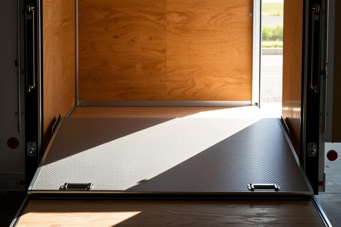 A well-lit, detailed ramp door on a 2-car enclosed trailer, illuminated by natural lighting streaming through the open doorway. The ramp door is sturdy and textured, with a smooth, metallic finish. The door hinges are clearly visible, showcasing the engineering and functionality. The placement of the ramp door allows for easy, efficient loading and unloading of vehicles, with a gentle, gradual slope for seamless access. The interior of the trailer is visible, hinting at the secure and protective environment for the vehicles being transported. The scene conveys a sense of professionalism, attention to detail, and a focus on the needs of the client and their vehicles. A well-lit, detailed ramp door on a 2-car enclosed trailer, illuminated by natural lighting streaming through the open doorway. The ramp door is sturdy and textured, with a smooth, metallic finish. The door hinges are clearly visible, showcasing the engineering and functionality. The placement of the ramp door allows for easy, efficient loading and unloading of vehicles, with a gentle, gradual slope for seamless access. The interior of the trailer is visible, hinting at the secure and protective environment for the vehicles being transported. The scene conveys a sense of professionalism, attention to detail, and a focus on the needs of the client and their vehicles.