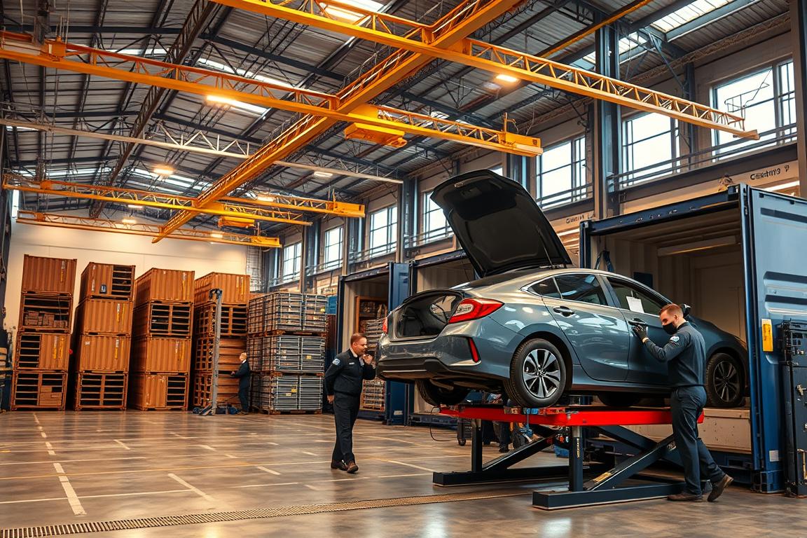 A well-lit, detailed scene of a vehicle preparation for car shipping. In the foreground, a car is carefully positioned on a hydraulic car lift, with mechanics in uniforms performing various checks and maintenance tasks. The middle ground shows stacks of car shipping containers, their doors open to reveal the organized interiors. In the background, the expansive facility features high ceilings, overhead cranes, and a bustling atmosphere of activity. The lighting is a combination of natural daylight filtering through large windows and warm, focused task lighting, creating a sense of efficiency and professionalism. The overall mood is one of meticulous care and attention to detail, reflecting the importance of preparing vehicles for safe transport. A well-lit, detailed scene of a vehicle preparation for car shipping. In the foreground, a car is carefully positioned on a hydraulic car lift, with mechanics in uniforms performing various checks and maintenance tasks. The middle ground shows stacks of car shipping containers, their doors open to reveal the organized interiors. In the background, the expansive facility features high ceilings, overhead cranes, and a bustling atmosphere of activity. The lighting is a combination of natural daylight filtering through large windows and warm, focused task lighting, creating a sense of efficiency and professionalism. The overall mood is one of meticulous care and attention to detail, reflecting the importance of preparing vehicles for safe transport.