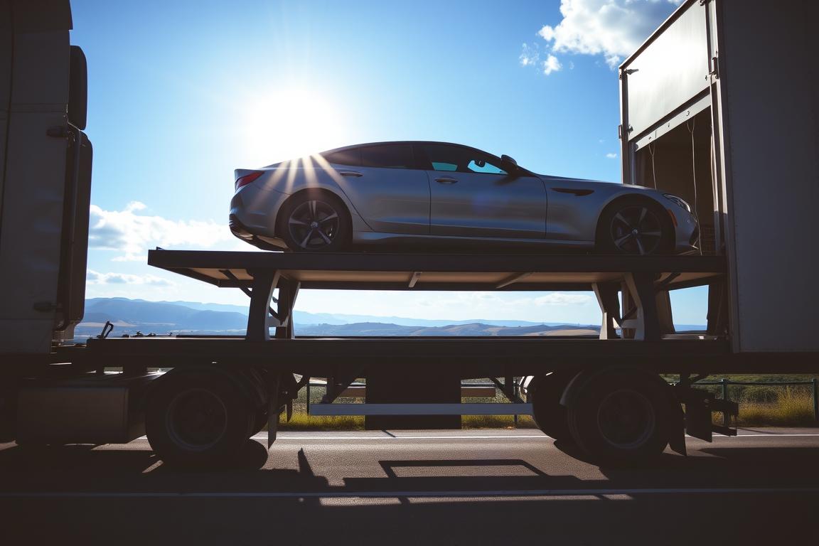 A well-lit, high-angle shot of a car transport truck securely carrying multiple vehicles, with the sun casting long shadows across the scene. The foreground shows the sturdy chassis and wheels of the truck, while the middle ground features the neatly stacked cars, each carefully strapped down. The background displays a serene, picturesque landscape with rolling hills and a cloudless blue sky, conveying a sense of safety and reliability. The overall composition exudes a professional, trustworthy atmosphere, perfectly capturing the peace of mind associated with Sarasota Auto Transport's reliable car shipping services. A well-lit, high-angle shot of a car transport truck securely carrying multiple vehicles, with the sun casting long shadows across the scene. The foreground shows the sturdy chassis and wheels of the truck, while the middle ground features the neatly stacked cars, each carefully strapped down. The background displays a serene, picturesque landscape with rolling hills and a cloudless blue sky, conveying a sense of safety and reliability. The overall composition exudes a professional, trustworthy atmosphere, perfectly capturing the peace of mind associated with Sarasota Auto Transport's reliable car shipping services.