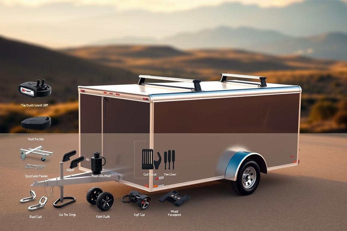 A well-lit, high-angle view of a 20ft enclosed car trailer, showcasing an array of available options and upgrades. In the foreground, various accessory attachments are displayed, including tie-down hooks, roof racks, and specialized storage compartments. The middle ground depicts the trailer's exterior, with a focus on customizable features like paint colors, wheel designs, and side paneling. The background features a blurred, atmospheric landscape, creating a sense of the trailer's mobility and versatility. The lighting is warm and natural, emphasizing the trailer's robust construction and premium finishes. The overall composition conveys a sense of thoughtful engineering and tailored functionality for the discerning car enthusiast. A well-lit, high-angle view of a 20ft enclosed car trailer, showcasing an array of available options and upgrades. In the foreground, various accessory attachments are displayed, including tie-down hooks, roof racks, and specialized storage compartments. The middle ground depicts the trailer's exterior, with a focus on customizable features like paint colors, wheel designs, and side paneling. The background features a blurred, atmospheric landscape, creating a sense of the trailer's mobility and versatility. The lighting is warm and natural, emphasizing the trailer's robust construction and premium finishes. The overall composition conveys a sense of thoughtful engineering and tailored functionality for the discerning car enthusiast.