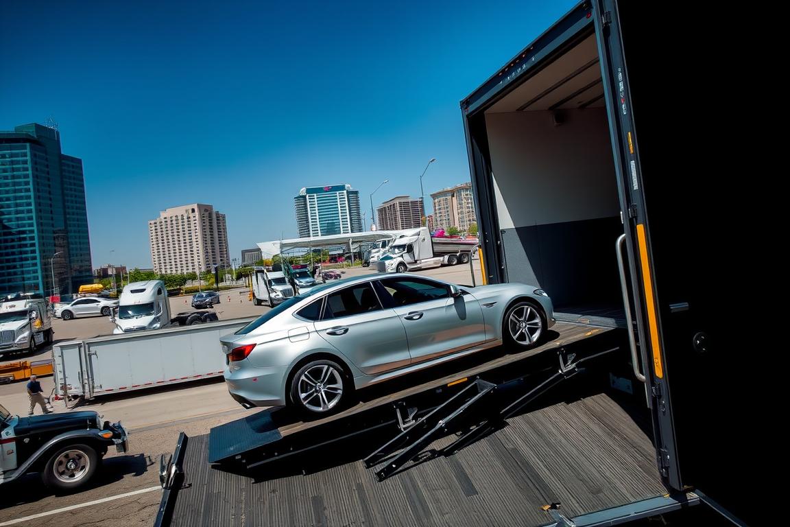 A well-lit, high-angle view of a car shipping process in progress. In the foreground, a large semi-truck trailer with an open top, carefully loading a sleek, silver sedan onto the transport. Skilled operators use ramps and hydraulic lifts to gently secure the vehicle, ensuring safe and efficient loading. In the middle ground, a bustling logistics hub with other transport trucks and workers overseeing the operation. The background features the urban landscape of El Paso, with tall buildings and a clear, blue sky. The overall scene conveys a sense of professionalism, attention to detail, and the seamless coordination required for the reliable car shipping process. A well-lit, high-angle view of a car shipping process in progress. In the foreground, a large semi-truck trailer with an open top, carefully loading a sleek, silver sedan onto the transport. Skilled operators use ramps and hydraulic lifts to gently secure the vehicle, ensuring safe and efficient loading. In the middle ground, a bustling logistics hub with other transport trucks and workers overseeing the operation. The background features the urban landscape of El Paso, with tall buildings and a clear, blue sky. The overall scene conveys a sense of professionalism, attention to detail, and the seamless coordination required for the reliable car shipping process.