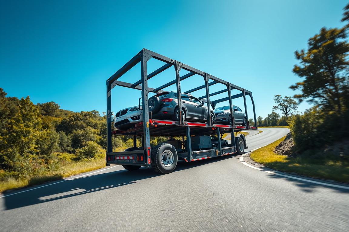 A well-lit, high-angle view of an open car carrier transporting multiple vehicles, showcasing its sturdy metal frame and robust tires. The carrier is positioned on a winding road, surrounded by lush greenery and a clear blue sky, conveying a sense of movement and efficiency. The vehicles on the carrier are neatly arranged, highlighting the carrier's capacity and the versatility of this transportation method. The scene is captured with a wide-angle lens, emphasizing the scale and grandeur of the open carrier, while the lighting casts dramatic shadows, adding depth and texture to the composition. A well-lit, high-angle view of an open car carrier transporting multiple vehicles, showcasing its sturdy metal frame and robust tires. The carrier is positioned on a winding road, surrounded by lush greenery and a clear blue sky, conveying a sense of movement and efficiency. The vehicles on the carrier are neatly arranged, highlighting the carrier's capacity and the versatility of this transportation method. The scene is captured with a wide-angle lens, emphasizing the scale and grandeur of the open carrier, while the lighting casts dramatic shadows, adding depth and texture to the composition.