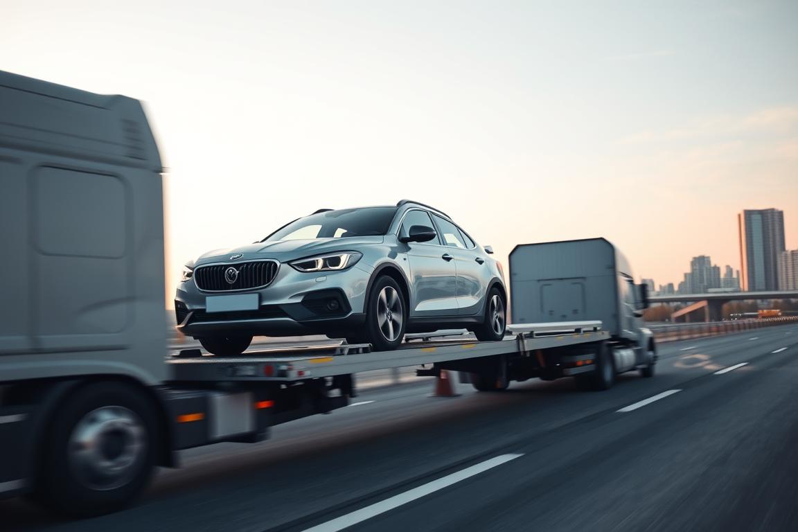 A well-lit, high-resolution image of a car being loaded onto a car carrier truck, with a focus on the cost-saving aspects of auto transport. The scene should convey a sense of efficiency and savings, with the truck in the foreground and the car being securely loaded. The background should feature a clean, uncluttered cityscape or highway landscape to emphasize the transportation theme. The overall mood should be one of professionalism, reliability, and value for money. A well-lit, high-resolution image of a car being loaded onto a car carrier truck, with a focus on the cost-saving aspects of auto transport. The scene should convey a sense of efficiency and savings, with the truck in the foreground and the car being securely loaded. The background should feature a clean, uncluttered cityscape or highway landscape to emphasize the transportation theme. The overall mood should be one of professionalism, reliability, and value for money.