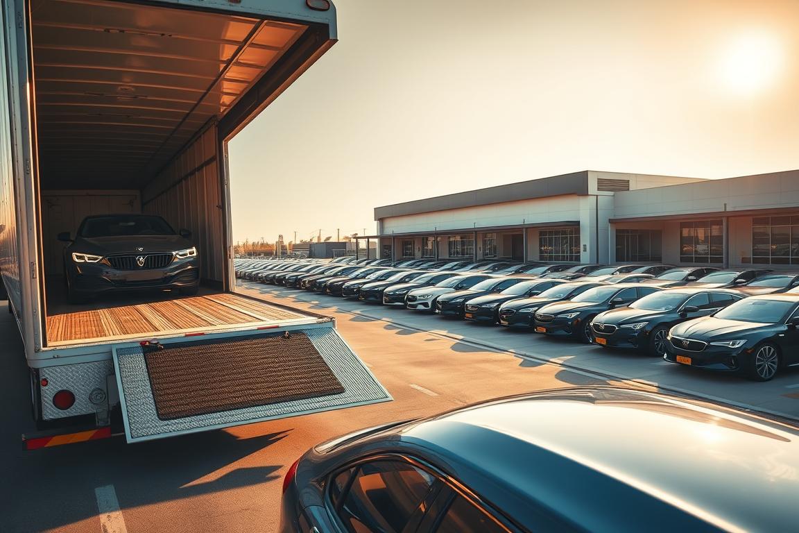 A well-lit outdoor scene showcasing a professional car shipping operation. In the foreground, a large semi-truck trailer with an open loading ramp, ready to transport a diverse fleet of vehicles. The middle ground features neatly organized rows of cars, each secured with sturdy tie-down straps, conveying a sense of care and attention to detail. In the background, a modern, state-of-the-art car shipping facility with sleek architecture and a bustling atmosphere. Warm sunlight bathes the scene, creating long, dramatic shadows and highlighting the gleaming surfaces of the cars. The overall composition conveys the reliability, efficiency, and high-quality service of a trusted El Paso car shipping provider. A well-lit outdoor scene showcasing a professional car shipping operation. In the foreground, a large semi-truck trailer with an open loading ramp, ready to transport a diverse fleet of vehicles. The middle ground features neatly organized rows of cars, each secured with sturdy tie-down straps, conveying a sense of care and attention to detail. In the background, a modern, state-of-the-art car shipping facility with sleek architecture and a bustling atmosphere. Warm sunlight bathes the scene, creating long, dramatic shadows and highlighting the gleaming surfaces of the cars. The overall composition conveys the reliability, efficiency, and high-quality service of a trusted El Paso car shipping provider.