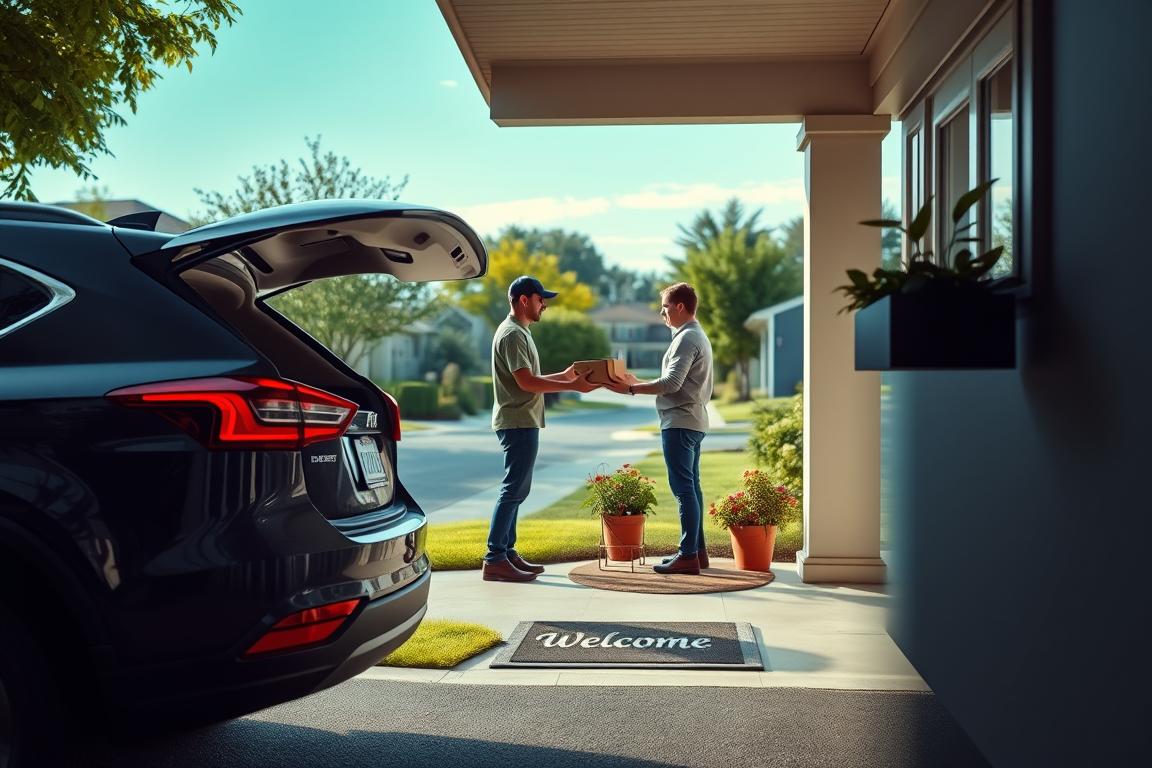 A well-lit, photorealistic scene of a car parked at the curb, its rear hatch open. In the foreground, a delivery person hands a package to a homeowner standing on the porch. The porch is adorned with potted plants and a welcome mat. The background features a neatly landscaped suburban neighborhood with trees, houses, and a clear blue sky. The lighting is soft and diffused, creating a warm, inviting atmosphere. The camera angle is slightly elevated, capturing the full scene with a wide-angle lens. A well-lit, photorealistic scene of a car parked at the curb, its rear hatch open. In the foreground, a delivery person hands a package to a homeowner standing on the porch. The porch is adorned with potted plants and a welcome mat. The background features a neatly landscaped suburban neighborhood with trees, houses, and a clear blue sky. The lighting is soft and diffused, creating a warm, inviting atmosphere. The camera angle is slightly elevated, capturing the full scene with a wide-angle lens.