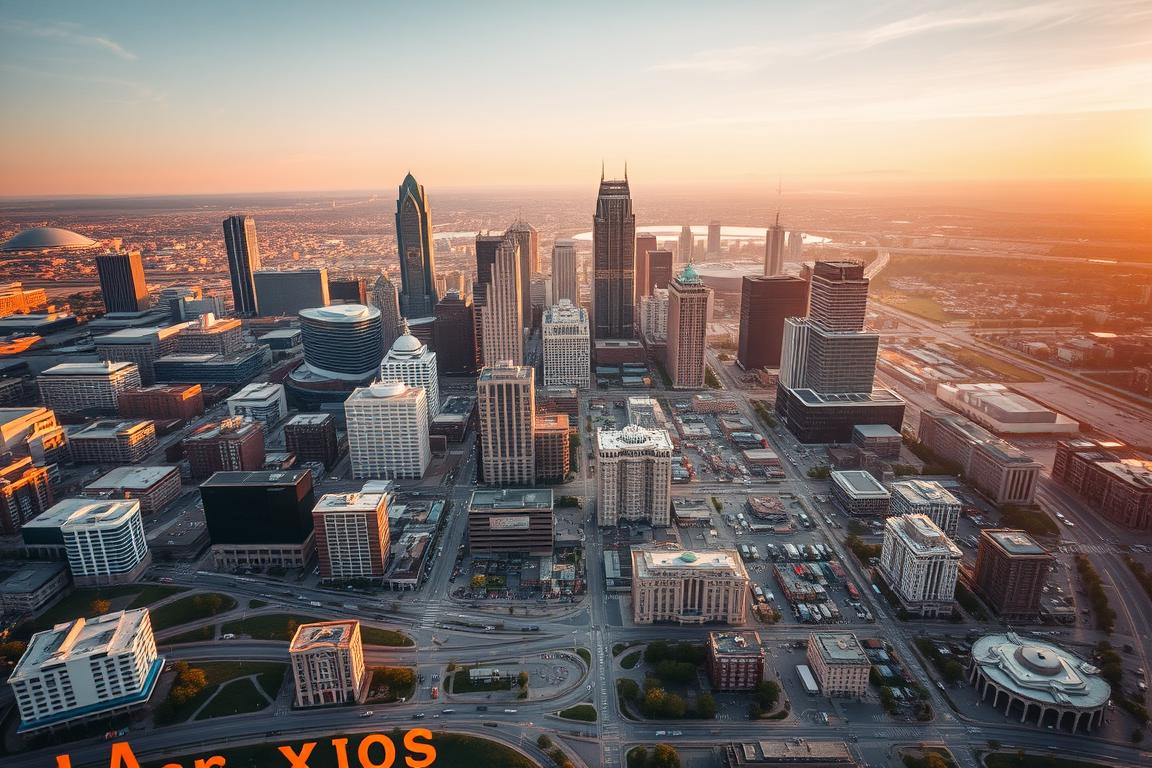 An aerial view of Kansas City, Missouri, showcasing the city's vibrant urban landscape. A wide panoramic shot captures the skyline, with towering skyscrapers and iconic landmarks like the Power & Light District and the Kansas City Convention Center. The foreground features a detailed map of the city's major ZIP codes, highlighting the key areas served by the auto transport industry. The image is bathed in warm, golden lighting, creating a sense of energy and dynamism. The composition emphasizes the city's density and connectivity, reflecting the efficient and reliable auto shipping services available in this thriving metropolitan region. An aerial view of Kansas City, Missouri, showcasing the city's vibrant urban landscape. A wide panoramic shot captures the skyline, with towering skyscrapers and iconic landmarks like the Power & Light District and the Kansas City Convention Center. The foreground features a detailed map of the city's major ZIP codes, highlighting the key areas served by the auto transport industry. The image is bathed in warm, golden lighting, creating a sense of energy and dynamism. The composition emphasizes the city's density and connectivity, reflecting the efficient and reliable auto shipping services available in this thriving metropolitan region.