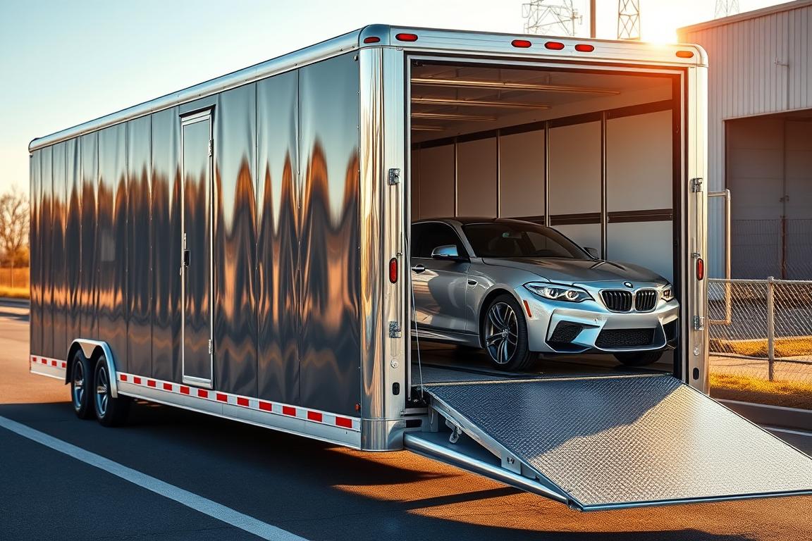 An enclosed auto transport vehicle, gleaming in the warm sunlight, its sturdy steel frame and glossy finish conveying a sense of reliability and security. The trailer's interior is meticulously designed, with adjustable tie-down points and ample space to accommodate a range of vehicle sizes. From the side, the transport's aerodynamic shape and low profile suggest efficient, fuel-saving performance. The front cab, equipped with the latest navigation and communication technologies, is manned by an experienced, professional driver, ensuring a smooth and safe journey for the precious cargo entrusted to their care. An enclosed auto transport vehicle, gleaming in the warm sunlight, its sturdy steel frame and glossy finish conveying a sense of reliability and security. The trailer's interior is meticulously designed, with adjustable tie-down points and ample space to accommodate a range of vehicle sizes. From the side, the transport's aerodynamic shape and low profile suggest efficient, fuel-saving performance. The front cab, equipped with the latest navigation and communication technologies, is manned by an experienced, professional driver, ensuring a smooth and safe journey for the precious cargo entrusted to their care.