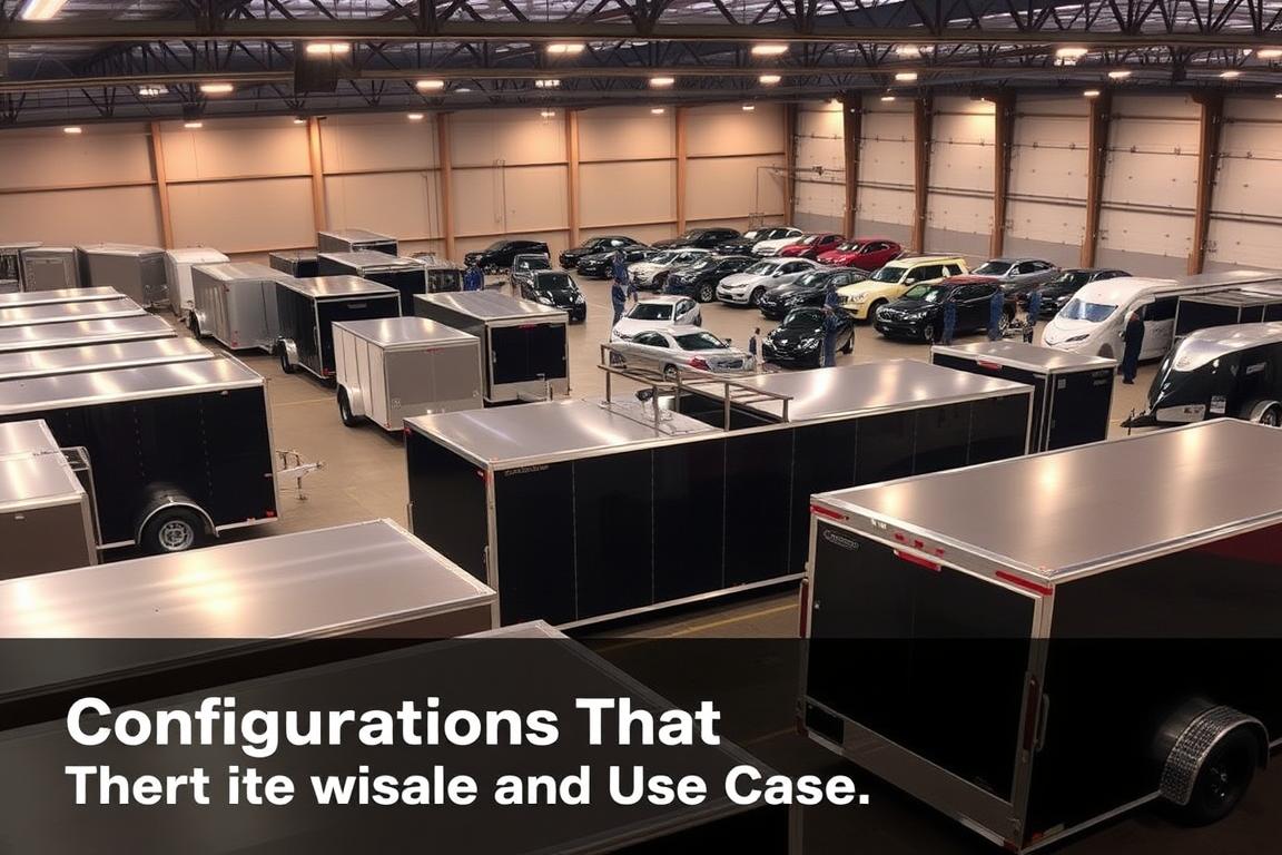An expansive warehouse setting, showcasing a range of customizable car hauler enclosed trailers. In the foreground, multiple trailers in various configurations, their sleek exteriors gleaming under warm, directional lighting. Smooth metallic finishes and streamlined designs evoke a sense of precision engineering. In the middle ground, technicians meticulously inspect the trailers, evaluating their structural integrity and functionality. The background features a fleet of luxury vehicles, hinting at the trailers' versatility in accommodating a diverse range of automobiles. The scene conveys a harmonious balance of form and function, illustrating the "Configurations That Fit Your Vehicles and Use Case" with clarity and visual appeal. An expansive warehouse setting, showcasing a range of customizable car hauler enclosed trailers. In the foreground, multiple trailers in various configurations, their sleek exteriors gleaming under warm, directional lighting. Smooth metallic finishes and streamlined designs evoke a sense of precision engineering. In the middle ground, technicians meticulously inspect the trailers, evaluating their structural integrity and functionality. The background features a fleet of luxury vehicles, hinting at the trailers' versatility in accommodating a diverse range of automobiles. The scene conveys a harmonious balance of form and function, illustrating the "Configurations That Fit Your Vehicles and Use Case" with clarity and visual appeal.