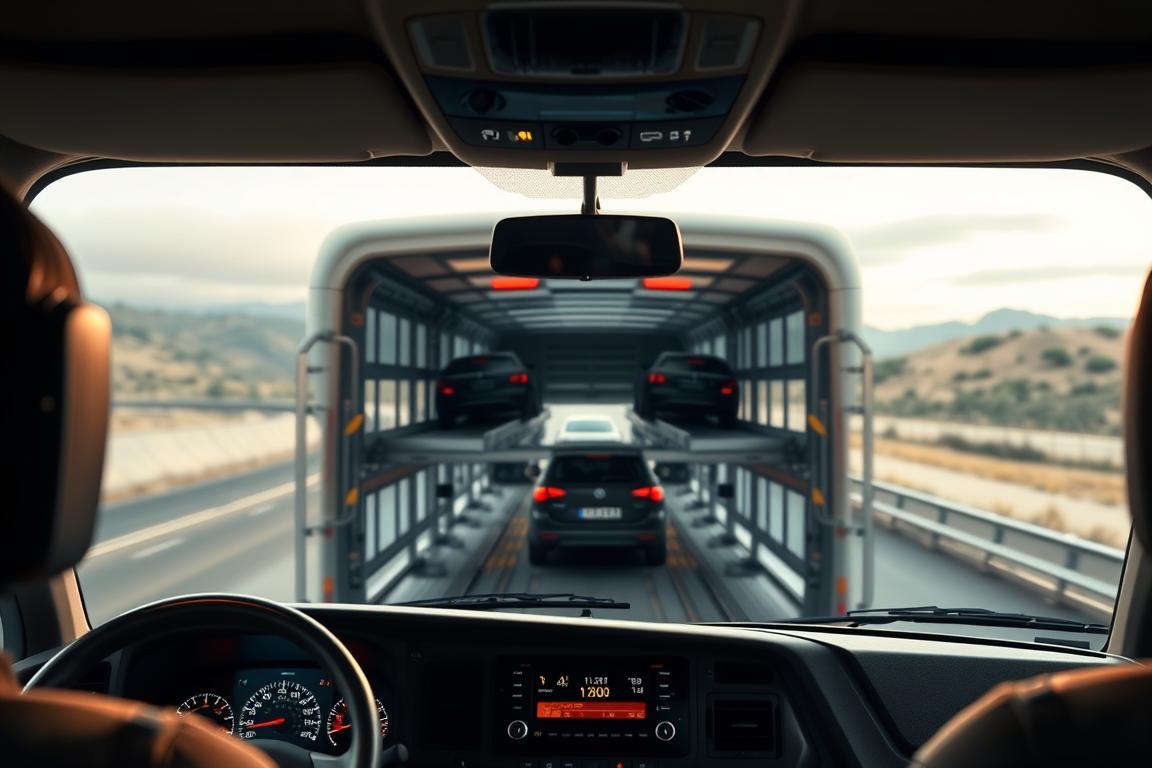 An interior view of a professional auto transport truck, the cab illuminated by soft, warm lighting. In the foreground, the dashboard displays a range of digital readouts and controls, reflecting the advanced safety and compliance systems that guide the driver's journey. In the middle ground, the cargo area is visible, with multiple vehicles secured and protected by state-of-the-art tie-down systems. The background depicts a scenic highway, framed by the truck's expansive windshield, conveying a sense of reliability and efficiency in the safe transport of valuable automotive assets. An interior view of a professional auto transport truck, the cab illuminated by soft, warm lighting. In the foreground, the dashboard displays a range of digital readouts and controls, reflecting the advanced safety and compliance systems that guide the driver's journey. In the middle ground, the cargo area is visible, with multiple vehicles secured and protected by state-of-the-art tie-down systems. The background depicts a scenic highway, framed by the truck's expansive windshield, conveying a sense of reliability and efficiency in the safe transport of valuable automotive assets.