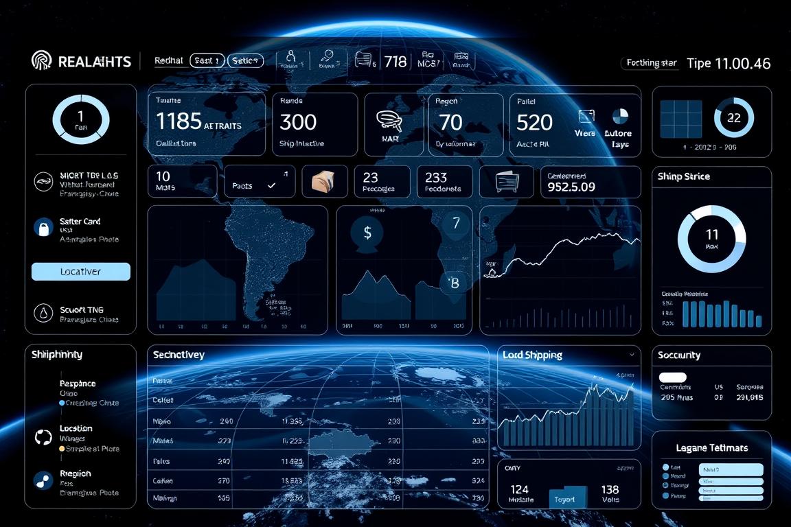 An intricate dashboard displaying real-time shipment tracking data, with a clean, minimalist interface. Sleek icons and visuals convey package status, delivery updates, and location details. Satellite imagery in the background showcases the global transportation network, while soft lighting and subtle gradients create a sense of sophistication. Precise camera angles capture the technological precision and reliability of the system, instilling confidence in the service provided. An intricate dashboard displaying real-time shipment tracking data, with a clean, minimalist interface. Sleek icons and visuals convey package status, delivery updates, and location details. Satellite imagery in the background showcases the global transportation network, while soft lighting and subtle gradients create a sense of sophistication. Precise camera angles capture the technological precision and reliability of the system, instilling confidence in the service provided.