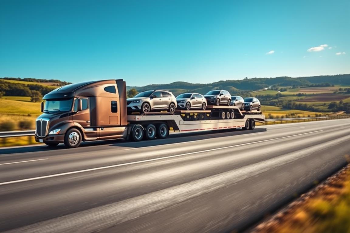 Auto transport with a sleek, modern truck in the foreground, transporting various models of cars on a multi-level trailer. The truck is in a bold, metallic color with chrome accents, casting long shadows on the smooth asphalt road. The middle ground features a scenic countryside backdrop with rolling hills, lush greenery, and a clear blue sky. The lighting is crisp and directional, creating dramatic highlights and shadows that accentuate the form and details of the vehicles. The overall atmosphere conveys a sense of efficiency, reliability, and the trusted service of a professional auto transport company. Auto transport with a sleek, modern truck in the foreground, transporting various models of cars on a multi-level trailer. The truck is in a bold, metallic color with chrome accents, casting long shadows on the smooth asphalt road. The middle ground features a scenic countryside backdrop with rolling hills, lush greenery, and a clear blue sky. The lighting is crisp and directional, creating dramatic highlights and shadows that accentuate the form and details of the vehicles. The overall atmosphere conveys a sense of efficiency, reliability, and the trusted service of a professional auto transport company.