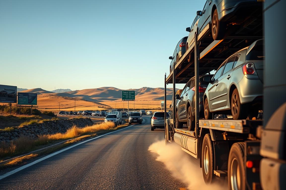 Detailed car shipping scene with cost and time factors. In the foreground, a large car carrier truck loaded with various models of cars, its wheels kicking up dust on a winding country road. In the middle ground, rolling hills and a clear sky, suggesting a long-distance journey. In the background, billboards and road signs displaying shipping rates and estimated delivery times. The lighting is natural and warm, casting long shadows and highlighting the textures of the vehicles and landscape. The composition emphasizes the scale and logistics of car transport, conveying a sense of the practical and financial considerations involved. Detailed car shipping scene with cost and time factors. In the foreground, a large car carrier truck loaded with various models of cars, its wheels kicking up dust on a winding country road. In the middle ground, rolling hills and a clear sky, suggesting a long-distance journey. In the background, billboards and road signs displaying shipping rates and estimated delivery times. The lighting is natural and warm, casting long shadows and highlighting the textures of the vehicles and landscape. The composition emphasizes the scale and logistics of car transport, conveying a sense of the practical and financial considerations involved.