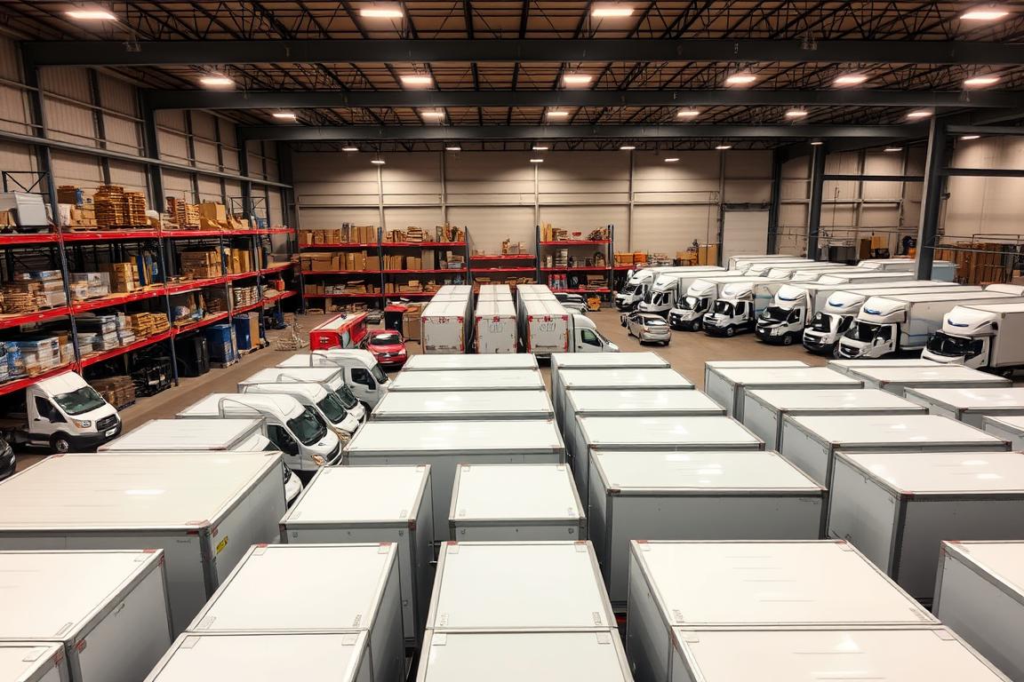 Expansive inventory of box trucks, meticulously organized, showcased in a well-lit warehouse setting. Gleaming white vehicles in the foreground, arranged in neat rows, conveying a sense of efficiency and readiness. Subtle ambient lighting casts a warm glow, highlighting the clean lines and pristine condition of the trucks. In the middle ground, shelves and racks filled with spare parts and accessories, suggesting comprehensive availability. The background features a subtle gradient, drawing the eye towards the central focus of the inventory. The overall composition exudes a professional, streamlined aesthetic, reflecting the nationwide accessibility and rapid delivery promised in the section title. Expansive inventory of box trucks, meticulously organized, showcased in a well-lit warehouse setting. Gleaming white vehicles in the foreground, arranged in neat rows, conveying a sense of efficiency and readiness. Subtle ambient lighting casts a warm glow, highlighting the clean lines and pristine condition of the trucks. In the middle ground, shelves and racks filled with spare parts and accessories, suggesting comprehensive availability. The background features a subtle gradient, drawing the eye towards the central focus of the inventory. The overall composition exudes a professional, streamlined aesthetic, reflecting the nationwide accessibility and rapid delivery promised in the section title.