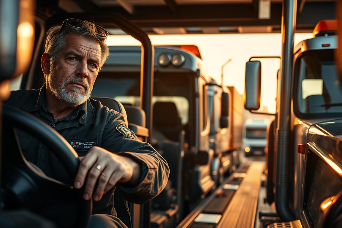 Experienced auto transport drivers, dressed in uniforms, operating heavy-duty tow trucks with precision. Tight close-up of their weathered, determined faces as they expertly maneuver the vehicles, surrounded by the gleaming metallic hues of the fleet. Dramatic low-angle perspective showcases the sheer size and power of the trucks, with a softly blurred urban landscape in the background hinting at the busy streets they navigate daily. Warm, golden lighting casts dramatic shadows, conveying a sense of professionalism and expertise. The overall mood is one of skilled, dedicated professionals handling the safe transport of valuable vehicles. Experienced auto transport drivers, dressed in uniforms, operating heavy-duty tow trucks with precision. Tight close-up of their weathered, determined faces as they expertly maneuver the vehicles, surrounded by the gleaming metallic hues of the fleet. Dramatic low-angle perspective showcases the sheer size and power of the trucks, with a softly blurred urban landscape in the background hinting at the busy streets they navigate daily. Warm, golden lighting casts dramatic shadows, conveying a sense of professionalism and expertise. The overall mood is one of skilled, dedicated professionals handling the safe transport of valuable vehicles.