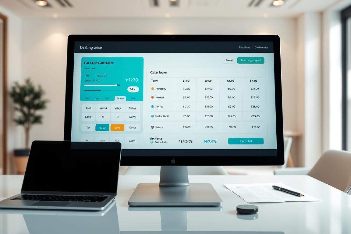 Financing price: a modern financial dashboard against a sleek, minimalist office backdrop. The foreground features a computer screen displaying a car loan calculator, with sliders and buttons for adjusting payment terms, interest rates, and loan amounts. The middle ground showcases a professional-looking desk with a laptop, paperwork, and a pen, conveying an atmosphere of financial planning and decision-making. The background is a clean, well-lit office environment with neutral-toned walls and contemporary furniture, creating a sense of sophistication and professionalism. Soft, directional lighting illuminates the scene, emphasizing the clarity and precision of the financial information displayed. Financing price: a modern financial dashboard against a sleek, minimalist office backdrop. The foreground features a computer screen displaying a car loan calculator, with sliders and buttons for adjusting payment terms, interest rates, and loan amounts. The middle ground showcases a professional-looking desk with a laptop, paperwork, and a pen, conveying an atmosphere of financial planning and decision-making. The background is a clean, well-lit office environment with neutral-toned walls and contemporary furniture, creating a sense of sophistication and professionalism. Soft, directional lighting illuminates the scene, emphasizing the clarity and precision of the financial information displayed.