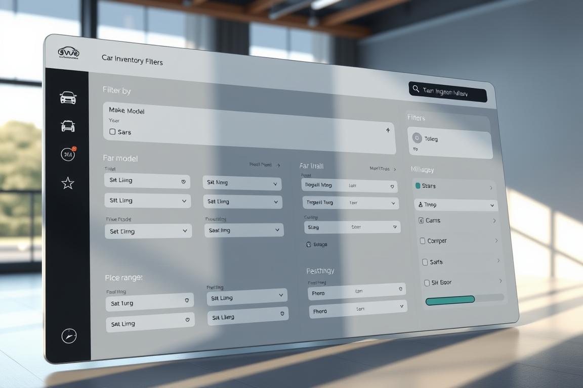 High-fidelity, hyperrealistic digital illustration of a sleek, modern web application dashboard interface displaying various car inventory filters, including options to filter by make, model, year, price range, mileage, and other relevant criteria. The filters are presented in a clean, intuitive layout with clear labels and user-friendly controls. The overall design is minimalist and visually striking, with a focus on usability and a premium aesthetic. The scene is lit by a combination of natural and artificial lighting, creating depth and dimension. The camera angle is slightly elevated to provide an optimal view of the interface elements. High-fidelity, hyperrealistic digital illustration of a sleek, modern web application dashboard interface displaying various car inventory filters, including options to filter by make, model, year, price range, mileage, and other relevant criteria. The filters are presented in a clean, intuitive layout with clear labels and user-friendly controls. The overall design is minimalist and visually striking, with a focus on usability and a premium aesthetic. The scene is lit by a combination of natural and artificial lighting, creating depth and dimension. The camera angle is slightly elevated to provide an optimal view of the interface elements.