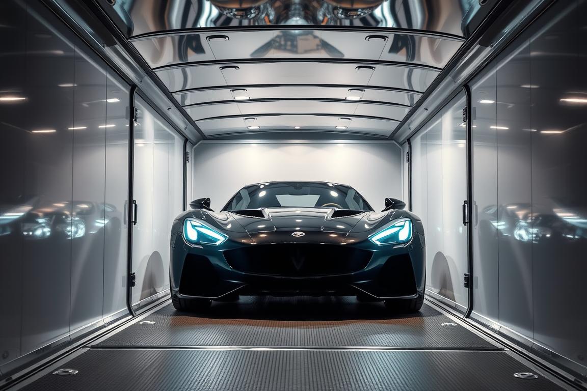 Sleek, silver-hued enclosed car transport trailer, its exterior gleaming under soft, diffused lighting. The robust frame and secure enclosure exude a sense of protection, while intricate design elements like aerodynamic curves and polished accents convey a touch of premium craftsmanship. Inside, plush padded walls and a climate-controlled environment ensure the safe, personalized transport of prized automobiles. The trailer's expansive, well-lit interior offers ample space, with multiple tie-down points to carefully secure vehicles of various sizes. A commanding, low-angle perspective emphasizes the trailer's sturdy construction and instills a feeling of confidence in the owner's most valuable assets being transported with the utmost care. Sleek, silver-hued enclosed car transport trailer, its exterior gleaming under soft, diffused lighting. The robust frame and secure enclosure exude a sense of protection, while intricate design elements like aerodynamic curves and polished accents convey a touch of premium craftsmanship. Inside, plush padded walls and a climate-controlled environment ensure the safe, personalized transport of prized automobiles. The trailer's expansive, well-lit interior offers ample space, with multiple tie-down points to carefully secure vehicles of various sizes. A commanding, low-angle perspective emphasizes the trailer's sturdy construction and instills a feeling of confidence in the owner's most valuable assets being transported with the utmost care.