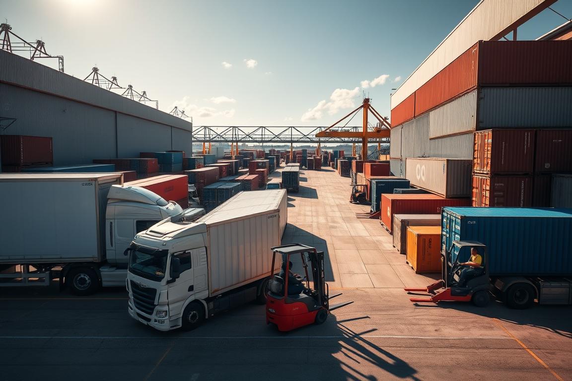Sleek trucks, cargo containers, and freight loaders set against a backdrop of a bustling logistics hub. Sunlight casts long shadows, accentuating the dynamic interplay of machinery and infrastructure. Forklift operators expertly maneuver pallets, while dispatch centers hum with coordinated activity. The scene conveys the efficient precision of a well-oiled shipping operation, ready to handle a wide range of specialized transportation needs. Capture the intricate dance of modern logistics in a cinematic, wide-angle composition that showcases the scale and complexity of specialized shipping services. Sleek trucks, cargo containers, and freight loaders set against a backdrop of a bustling logistics hub. Sunlight casts long shadows, accentuating the dynamic interplay of machinery and infrastructure. Forklift operators expertly maneuver pallets, while dispatch centers hum with coordinated activity. The scene conveys the efficient precision of a well-oiled shipping operation, ready to handle a wide range of specialized transportation needs. Capture the intricate dance of modern logistics in a cinematic, wide-angle composition that showcases the scale and complexity of specialized shipping services.