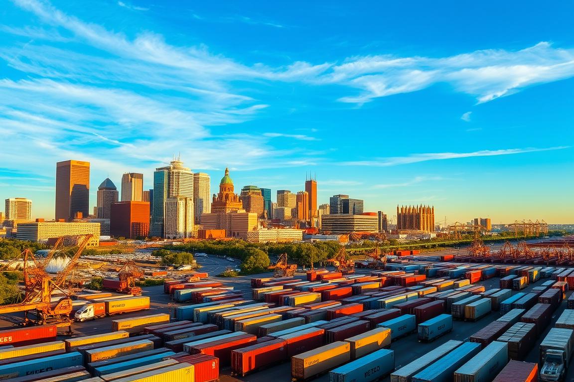 a cityscape of downtown kansas city, missouri, showing the city's shipping and logistics infrastructure. in the foreground, a bustling freight yard with intermodal containers, cranes, and cargo trucks. in the middle ground, the skyline of kansas city, with its iconic fountains, office towers, and historic buildings. in the background, a clear blue sky with wispy clouds. the scene is illuminated by warm, golden hour lighting, casting long shadows and creating a sense of activity and productivity. the overall atmosphere is one of efficiency, connectivity, and the importance of kansas city as a major transportation hub. a cityscape of downtown kansas city, missouri, showing the city's shipping and logistics infrastructure. in the foreground, a bustling freight yard with intermodal containers, cranes, and cargo trucks. in the middle ground, the skyline of kansas city, with its iconic fountains, office towers, and historic buildings. in the background, a clear blue sky with wispy clouds. the scene is illuminated by warm, golden hour lighting, casting long shadows and creating a sense of activity and productivity. the overall atmosphere is one of efficiency, connectivity, and the importance of kansas city as a major transportation hub.