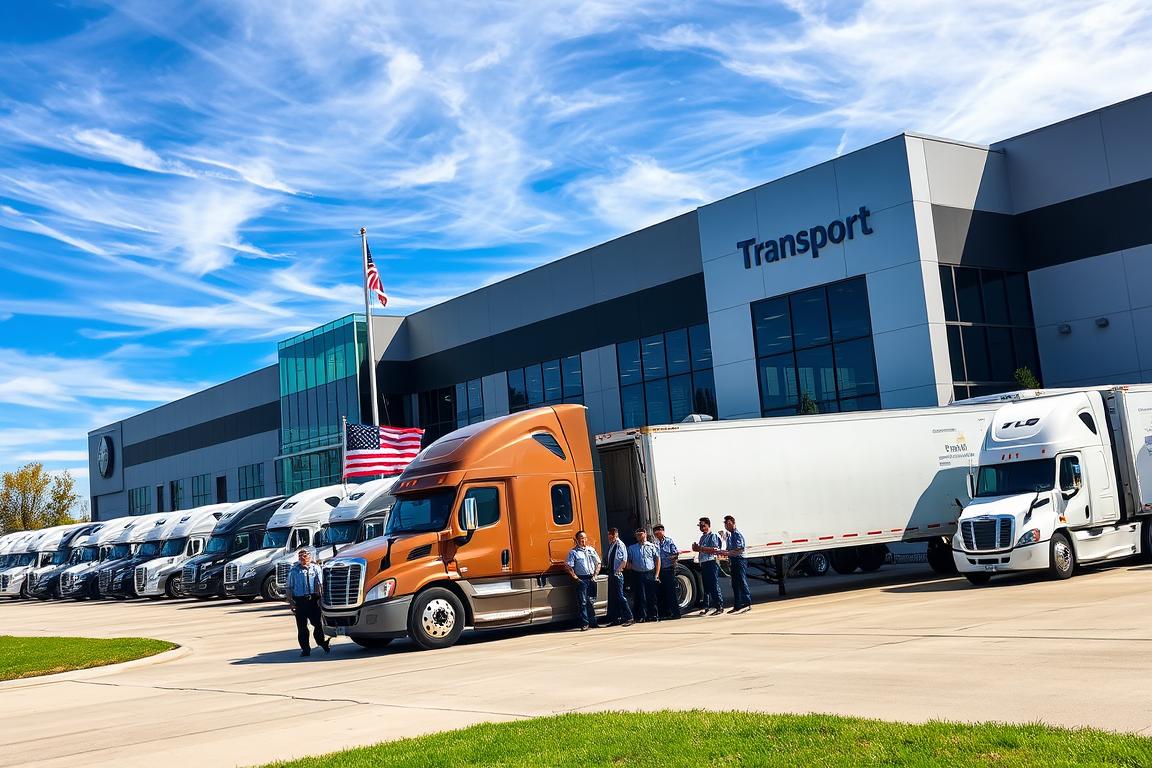 a large modern transport company building with rows of trucks and delivery vans parked outside, with an American flag waving in the breeze. The building has a sleek, contemporary design with glass walls and a prominent company logo. In the foreground, a group of uniformed drivers are loading cargo into a semi-truck, showcasing the company's efficient operations. The sky is a vibrant blue with wispy clouds, creating a sense of openness and prosperity. The overall scene conveys the idea of a thriving, reliable transport company that caters to the needs of Kansas City drivers. a large modern transport company building with rows of trucks and delivery vans parked outside, with an American flag waving in the breeze. The building has a sleek, contemporary design with glass walls and a prominent company logo. In the foreground, a group of uniformed drivers are loading cargo into a semi-truck, showcasing the company's efficient operations. The sky is a vibrant blue with wispy clouds, creating a sense of openness and prosperity. The overall scene conveys the idea of a thriving, reliable transport company that caters to the needs of Kansas City drivers.