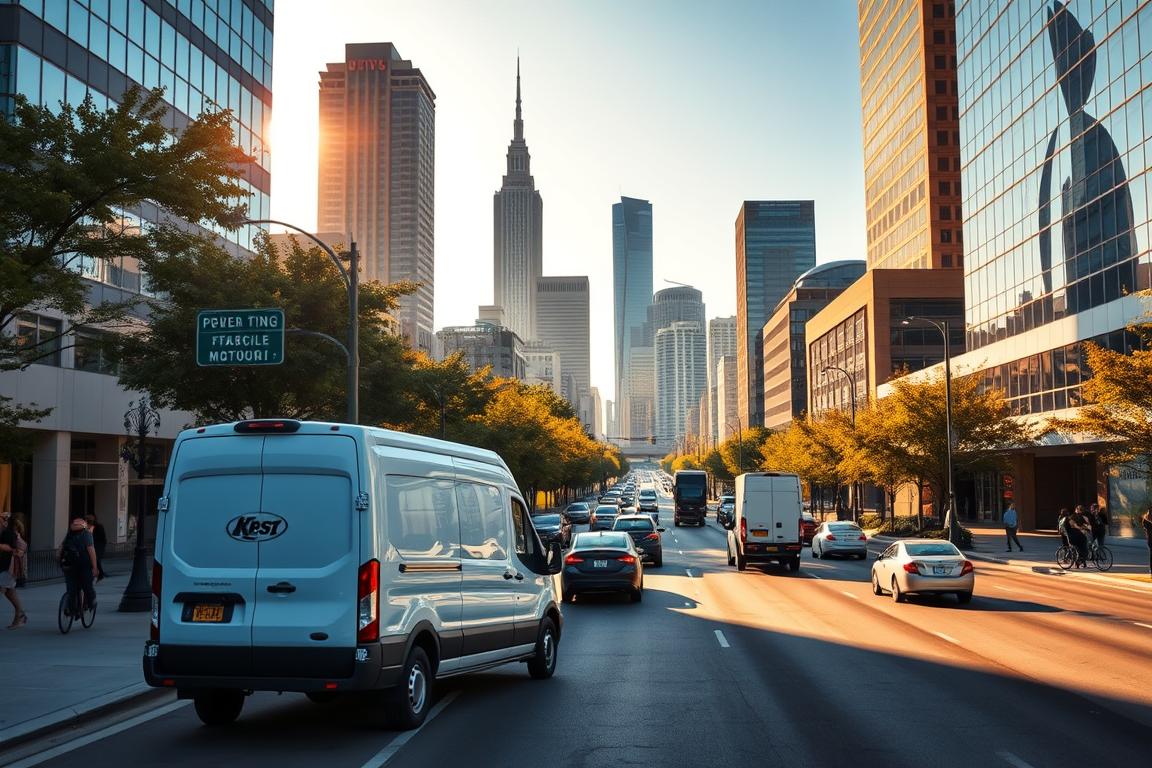 a modern, busy city street in Kansas City, Missouri, with cars and trucks on the road, people walking on the sidewalks, and tall skyscrapers in the background. The scene is brightly lit with warm, golden sunlight, creating a vibrant and energetic atmosphere. In the foreground, a delivery van is parked on the curb, its logo clearly visible as it waits to unload its cargo. The street is lined with trees and street lamps, adding to the urban feel of the scene. The mid-ground features a mix of pedestrians, cyclists, and other vehicles, all moving with purpose. In the distance, the iconic skyline of Kansas City rises, including recognizable landmarks like the Power & Light Building and the Kansas City Convention Center. The overall impression is one of a thriving, bustling city, ready to receive and deliver vehicles with efficiency and reliability. a modern, busy city street in Kansas City, Missouri, with cars and trucks on the road, people walking on the sidewalks, and tall skyscrapers in the background. The scene is brightly lit with warm, golden sunlight, creating a vibrant and energetic atmosphere. In the foreground, a delivery van is parked on the curb, its logo clearly visible as it waits to unload its cargo. The street is lined with trees and street lamps, adding to the urban feel of the scene. The mid-ground features a mix of pedestrians, cyclists, and other vehicles, all moving with purpose. In the distance, the iconic skyline of Kansas City rises, including recognizable landmarks like the Power & Light Building and the Kansas City Convention Center. The overall impression is one of a thriving, bustling city, ready to receive and deliver vehicles with efficiency and reliability.