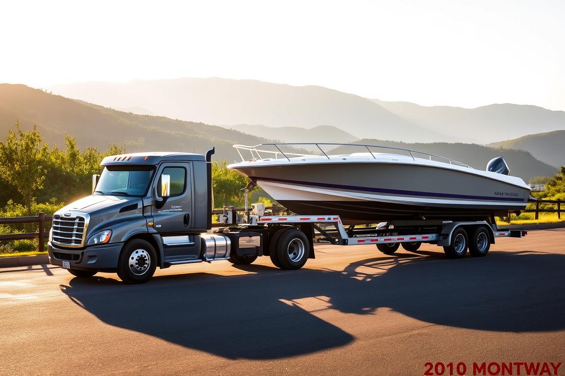 A Montway boat transport vehicle in a well-lit, expansive outdoor setting. The truck, in a muted gray or blue hue, is equipped with a sturdy flatbed trailer designed to securely transport a mid-sized recreational boat. The truck is parked on a paved surface, with lush greenery and rolling hills or a coastal landscape in the background, bathed in warm, diffused sunlight. The scene conveys a sense of professionalism, reliability, and attention to detail in the boat hauling process, reflecting the high-quality services offered by Montway. A Montway boat transport vehicle in a well-lit, expansive outdoor setting. The truck, in a muted gray or blue hue, is equipped with a sturdy flatbed trailer designed to securely transport a mid-sized recreational boat. The truck is parked on a paved surface, with lush greenery and rolling hills or a coastal landscape in the background, bathed in warm, diffused sunlight. The scene conveys a sense of professionalism, reliability, and attention to detail in the boat hauling process, reflecting the high-quality services offered by Montway.