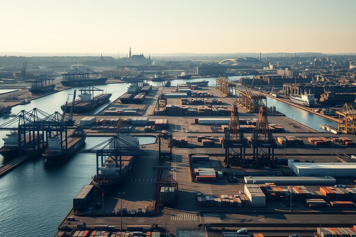 A bustling European port landscape, captured through the lens of a wide-angle camera. In the foreground, a fleet of cargo ships and container vessels dock at the quayside, their towering cranes and hulking silhouettes casting dramatic shadows. The middle ground reveals a maze of dockside warehouses, rail yards, and logistics hubs, conveying the scale and efficiency of the port's operations. In the distance, the skyline is punctuated by the spires and rooftops of the surrounding city, hinting at the broader urban context. The scene is illuminated by a warm, golden light, lending a sense of vibrancy and vitality to the industrial setting. The overall mood evokes the dynamism and importance of these major European ports as crucial hubs for international car shipping and logistics. A bustling European port landscape, captured through the lens of a wide-angle camera. In the foreground, a fleet of cargo ships and container vessels dock at the quayside, their towering cranes and hulking silhouettes casting dramatic shadows. The middle ground reveals a maze of dockside warehouses, rail yards, and logistics hubs, conveying the scale and efficiency of the port's operations. In the distance, the skyline is punctuated by the spires and rooftops of the surrounding city, hinting at the broader urban context. The scene is illuminated by a warm, golden light, lending a sense of vibrancy and vitality to the industrial setting. The overall mood evokes the dynamism and importance of these major European ports as crucial hubs for international car shipping and logistics.