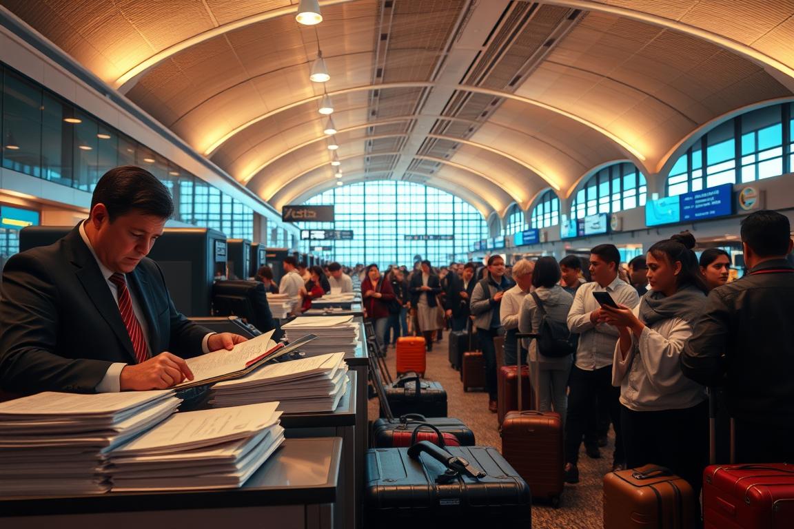 A bustling customs clearance office, bathed in the warm glow of overhead lighting. In the foreground, a desk with a stern-faced officer reviewing documents and stamps, surrounded by stacks of paperwork. In the middle ground, a queue of travelers anxiously awaiting their turn, suitcases and luggage in hand. The background features the distinctive architecture of an international airport terminal, with high ceilings, glass walls, and signage directing the flow of traffic. The atmosphere conveys the seriousness and bureaucratic nature of the customs process, but also a sense of anticipation and the thrill of international travel. A bustling customs clearance office, bathed in the warm glow of overhead lighting. In the foreground, a desk with a stern-faced officer reviewing documents and stamps, surrounded by stacks of paperwork. In the middle ground, a queue of travelers anxiously awaiting their turn, suitcases and luggage in hand. The background features the distinctive architecture of an international airport terminal, with high ceilings, glass walls, and signage directing the flow of traffic. The atmosphere conveys the seriousness and bureaucratic nature of the customs process, but also a sense of anticipation and the thrill of international travel.