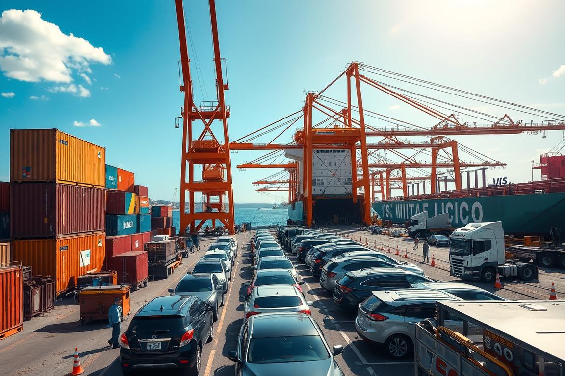 A bustling port scene in Mexico, showcasing a large cargo ship unloading vehicles, with clear views of car transport logistics in action. In the foreground, sturdy shipping containers and cranes highlight the industrious atmosphere, while workers in professional attire efficiently manage the unloading process. The middle ground features rows of cars waiting to be loaded onto trucks for transport, all set against the backdrop of the vibrant harbor and a clear blue sky. The image captures the essence of international shipping, with a focus on the connection between U.S. gateways and Mexican ports. The lighting is bright and sunny, creating a lively mood, while the perspective is slightly elevated for a comprehensive view of the busy logistics operations. A bustling port scene in Mexico, showcasing a large cargo ship unloading vehicles, with clear views of car transport logistics in action. In the foreground, sturdy shipping containers and cranes highlight the industrious atmosphere, while workers in professional attire efficiently manage the unloading process. The middle ground features rows of cars waiting to be loaded onto trucks for transport, all set against the backdrop of the vibrant harbor and a clear blue sky. The image captures the essence of international shipping, with a focus on the connection between U.S. gateways and Mexican ports. The lighting is bright and sunny, creating a lively mood, while the perspective is slightly elevated for a comprehensive view of the busy logistics operations.