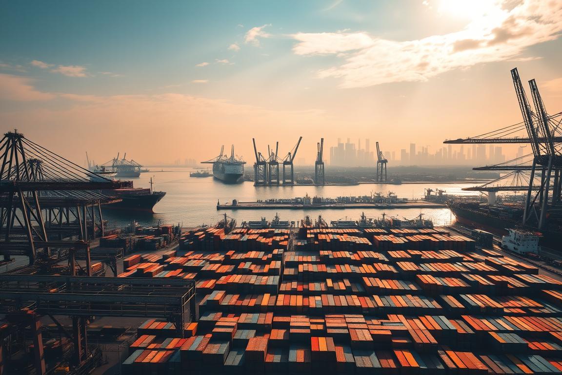 A bustling port scene, with massive cargo ships docked along the quay, their hulking silhouettes casting dramatic shadows across the water. In the foreground, a labyrinth of cranes and loading equipment, their metallic frames illuminated by warm, diffused sunlight filtering through wispy clouds. In the middle ground, rows of colorful shipping containers, stacked and organized with precision, creating a geometric pattern that stretches to the horizon. The background is a hazy cityscape, with towering skyscrapers and industrial landmarks blending into the atmospheric haze. The overall mood is one of efficiency, scale, and the relentless movement of global trade. A bustling port scene, with massive cargo ships docked along the quay, their hulking silhouettes casting dramatic shadows across the water. In the foreground, a labyrinth of cranes and loading equipment, their metallic frames illuminated by warm, diffused sunlight filtering through wispy clouds. In the middle ground, rows of colorful shipping containers, stacked and organized with precision, creating a geometric pattern that stretches to the horizon. The background is a hazy cityscape, with towering skyscrapers and industrial landmarks blending into the atmospheric haze. The overall mood is one of efficiency, scale, and the relentless movement of global trade.