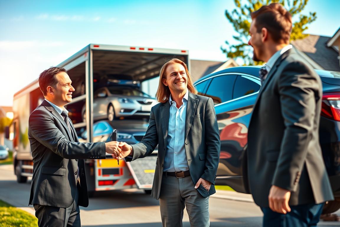 A bustling scene depicting a pickup and delivery of a car. In the foreground, a friendly automobile transport worker in professional business attire hands over keys to a relieved car owner, both smiling as they stand in front of a sleek vehicle on a modern transport truck. The middle ground features the shiny transport truck loaded with other vehicles, displaying a variety of colors and styles, indicating a diverse shipment process. In the background, an idyllic suburban neighborhood with well-maintained homes and clear blue skies sets a welcoming atmosphere. Soft, natural lighting creates a warm and inviting mood, while the angle captures the dynamic interaction between the car owner and the transport worker, emphasizing the convenience and trust of door-to-door service. A bustling scene depicting a pickup and delivery of a car. In the foreground, a friendly automobile transport worker in professional business attire hands over keys to a relieved car owner, both smiling as they stand in front of a sleek vehicle on a modern transport truck. The middle ground features the shiny transport truck loaded with other vehicles, displaying a variety of colors and styles, indicating a diverse shipment process. In the background, an idyllic suburban neighborhood with well-maintained homes and clear blue skies sets a welcoming atmosphere. Soft, natural lighting creates a warm and inviting mood, while the angle captures the dynamic interaction between the car owner and the transport worker, emphasizing the convenience and trust of door-to-door service.