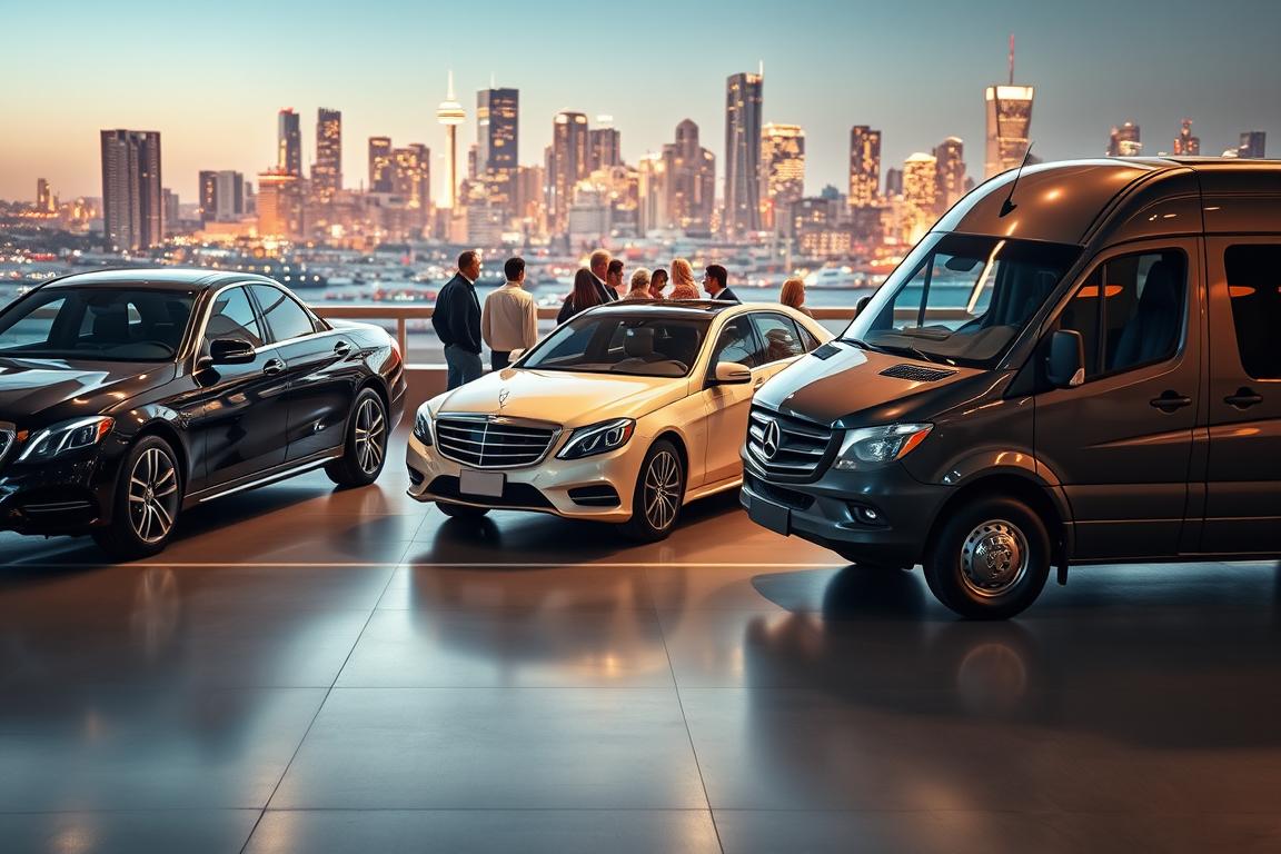 A bustling transportation hub, showcasing a diverse array of vehicles and service options. In the foreground, a sleek luxury sedan, a versatile SUV, and a spacious van are prominently displayed, each representing the range of door-to-door car service available. In the middle ground, a group of passengers eagerly awaits their rides, while in the background, a bustling city skyline sets the scene, illuminated by warm, golden lighting that evokes a sense of efficiency and convenience. The image conveys the idea of seamless, personalized transportation solutions catering to every vehicle and trip type. A bustling transportation hub, showcasing a diverse array of vehicles and service options. In the foreground, a sleek luxury sedan, a versatile SUV, and a spacious van are prominently displayed, each representing the range of door-to-door car service available. In the middle ground, a group of passengers eagerly awaits their rides, while in the background, a bustling city skyline sets the scene, illuminated by warm, golden lighting that evokes a sense of efficiency and convenience. The image conveys the idea of seamless, personalized transportation solutions catering to every vehicle and trip type.