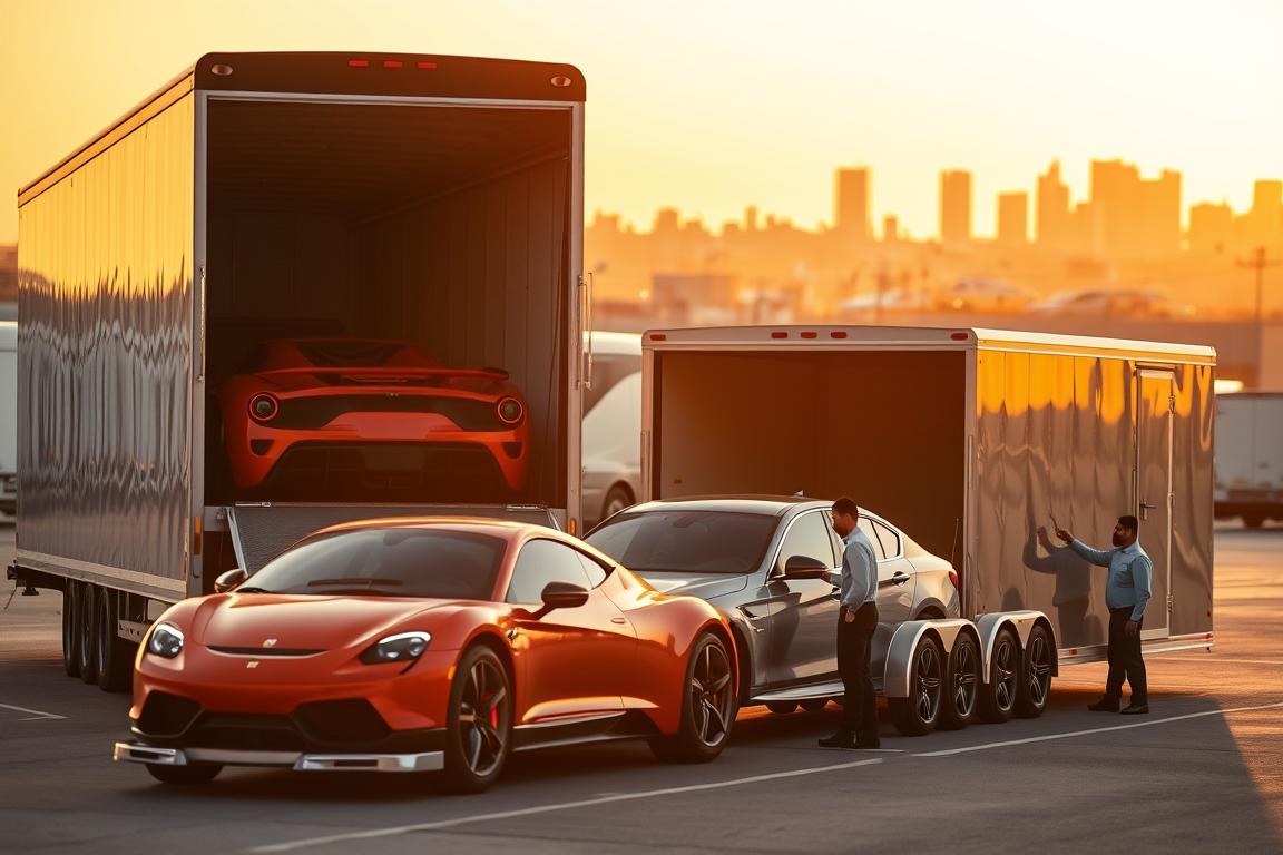 A busy car shipping yard at sunset, showcasing the contrast between open and enclosed car transport trailers. In the foreground, a sleek, modern open trailer is loaded with shiny sports cars, their vibrant colors reflecting the golden light. Beside it, an enclosed trailer, sleek and glossy, is partially open to reveal a luxury sedan, emphasizing a safe and secure transport. In the middle ground, workers in professional attire are inspecting vehicles, adding a human element to the scene. The background features a soft-focus skyline of a city, indicating a bustling transport hub. The overall mood is dynamic yet orderly, illuminated by warm, flattering lighting, emphasizing the efficiency and professionalism of car shipping services. A busy car shipping yard at sunset, showcasing the contrast between open and enclosed car transport trailers. In the foreground, a sleek, modern open trailer is loaded with shiny sports cars, their vibrant colors reflecting the golden light. Beside it, an enclosed trailer, sleek and glossy, is partially open to reveal a luxury sedan, emphasizing a safe and secure transport. In the middle ground, workers in professional attire are inspecting vehicles, adding a human element to the scene. The background features a soft-focus skyline of a city, indicating a bustling transport hub. The overall mood is dynamic yet orderly, illuminated by warm, flattering lighting, emphasizing the efficiency and professionalism of car shipping services.