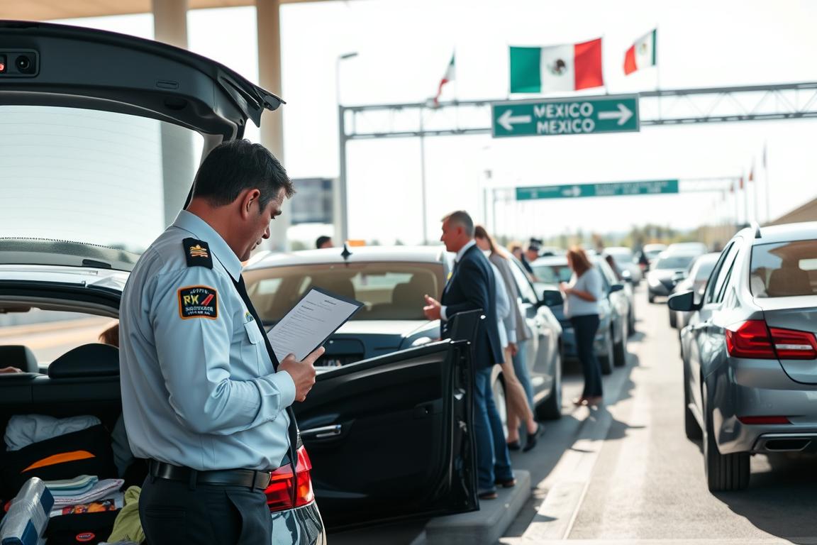 A busy customs checkpoint at a Mexican border, showcasing a diverse group of officials and vehicles. In the foreground, a customs officer in professional attire examines vehicle paperwork; beside him, a car is parked with its trunk open for inspection, revealing various personal items. In the middle ground, a line of vehicles waits to pass through the checkpoint, with some individuals standing outside their cars, engaged in conversation with officers. The background features the border infrastructure, with flags and signage indicating customs regulations. Bright, natural lighting floods the scene, highlighting the details of each vehicle, while a slightly blurred effect gives a sense of movement and urgency. The overall atmosphere is professional and bustling, capturing the crucial moment of entering Mexico with a vehicle. A busy customs checkpoint at a Mexican border, showcasing a diverse group of officials and vehicles. In the foreground, a customs officer in professional attire examines vehicle paperwork; beside him, a car is parked with its trunk open for inspection, revealing various personal items. In the middle ground, a line of vehicles waits to pass through the checkpoint, with some individuals standing outside their cars, engaged in conversation with officers. The background features the border infrastructure, with flags and signage indicating customs regulations. Bright, natural lighting floods the scene, highlighting the details of each vehicle, while a slightly blurred effect gives a sense of movement and urgency. The overall atmosphere is professional and bustling, capturing the crucial moment of entering Mexico with a vehicle.