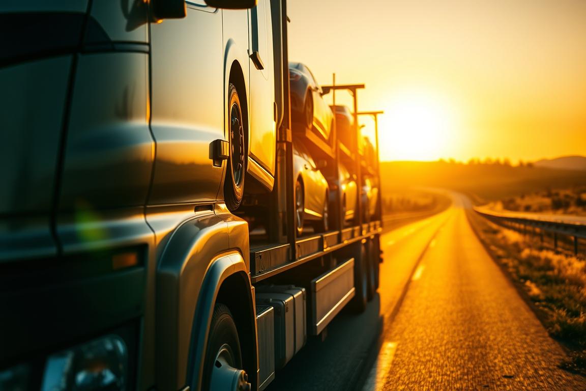 A car carrier truck transporting several vehicles on the open road, bathed in warm, golden-hour sunlight. The foreground features the truck's grill, hood, and a partially visible front tire, creating a sense of depth and perspective. In the middle ground, the stacked cars on the carrier platform are depicted in intricate detail, showcasing different makes and models. The background depicts a winding highway through a countryside landscape, with rolling hills and distant trees. The overall mood is one of efficiency, scale, and the logistical challenges of moving multiple vehicles simultaneously. A car carrier truck transporting several vehicles on the open road, bathed in warm, golden-hour sunlight. The foreground features the truck's grill, hood, and a partially visible front tire, creating a sense of depth and perspective. In the middle ground, the stacked cars on the carrier platform are depicted in intricate detail, showcasing different makes and models. The background depicts a winding highway through a countryside landscape, with rolling hills and distant trees. The overall mood is one of efficiency, scale, and the logistical challenges of moving multiple vehicles simultaneously.