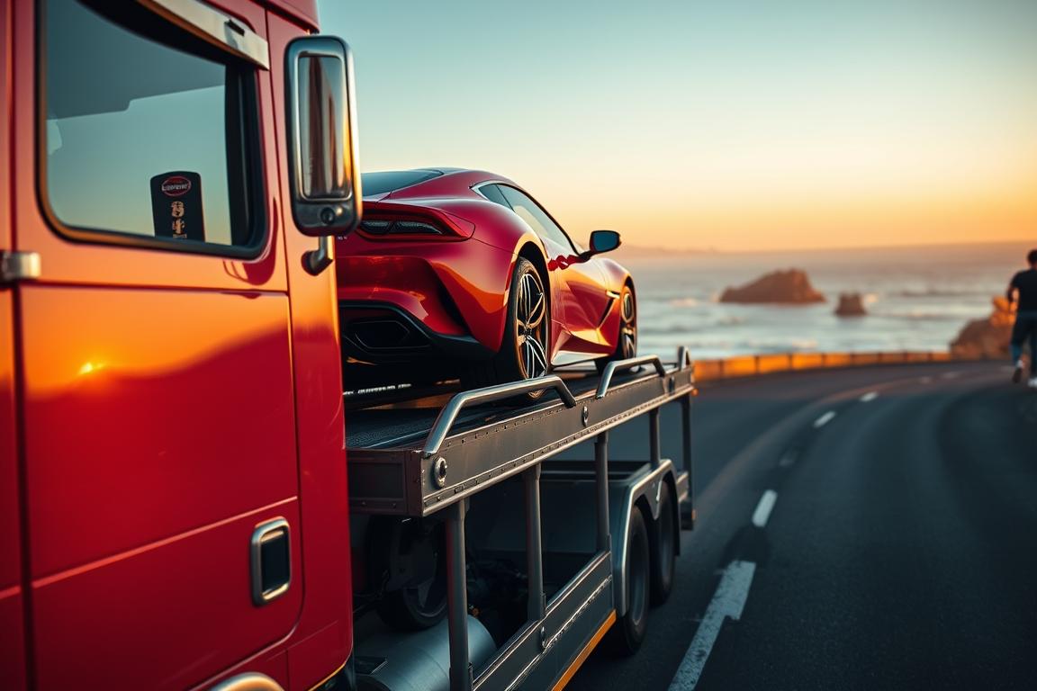 A car carrier truck transports a gleaming red sports car on a coastal highway at golden hour. The truck's chrome trim glints in the warm, diffused light as it navigates the winding road, with the distant ocean and rocky cliffs creating a picturesque backdrop. The car sits proudly atop the carrier, its sleek lines and glossy finish reflecting the journey it's about to embark on. The scene evokes a sense of adventure and the excitement of a new automotive experience, setting the stage for the personal story to unfold. A car carrier truck transports a gleaming red sports car on a coastal highway at golden hour. The truck's chrome trim glints in the warm, diffused light as it navigates the winding road, with the distant ocean and rocky cliffs creating a picturesque backdrop. The car sits proudly atop the carrier, its sleek lines and glossy finish reflecting the journey it's about to embark on. The scene evokes a sense of adventure and the excitement of a new automotive experience, setting the stage for the personal story to unfold.