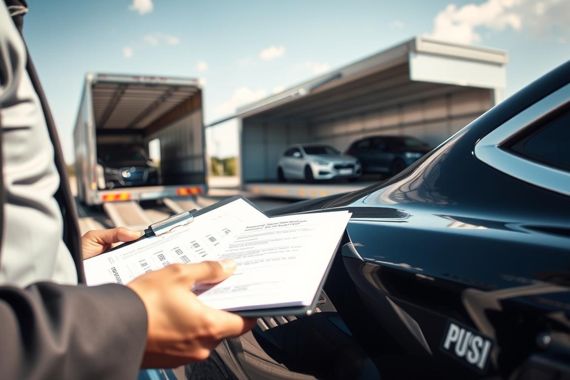 A close-up view of a sleek car being inspected for damage during transport, highlighting the importance of vehicle protection. In the foreground, a professional individual in business attire is reviewing a clipboard with checklists and insurance documents, ensuring thorough coverage. The middle-ground features a secure transport vehicle loading area with additional cars ready for shipment, surrounded by protective barriers. The background showcases a sunny day with a clear blue sky, emphasizing a sense of security and reliability. Soft natural lighting casts gentle shadows, creating an atmosphere of professionalism and trust. The image should focus on the meticulous attention to detail, symbolizing vehicle protection and the significance of insurance during transport. A close-up view of a sleek car being inspected for damage during transport, highlighting the importance of vehicle protection. In the foreground, a professional individual in business attire is reviewing a clipboard with checklists and insurance documents, ensuring thorough coverage. The middle-ground features a secure transport vehicle loading area with additional cars ready for shipment, surrounded by protective barriers. The background showcases a sunny day with a clear blue sky, emphasizing a sense of security and reliability. Soft natural lighting casts gentle shadows, creating an atmosphere of professionalism and trust. The image should focus on the meticulous attention to detail, symbolizing vehicle protection and the significance of insurance during transport.